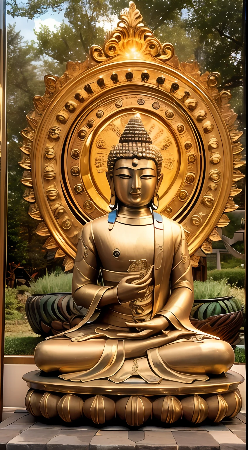 Golden Buddha statue with a shining halo on it, buddhism, the buddha, budista, Buddha, samsara, enlightenment, beautiful gold saint, Spiritual enlightenment, Pushkarakuha, Enlightenment, buddhist art, Shining golden aura, Enlightenment. Convoluted, on path to enlightenment, on path to enlightenment, radiating golden light