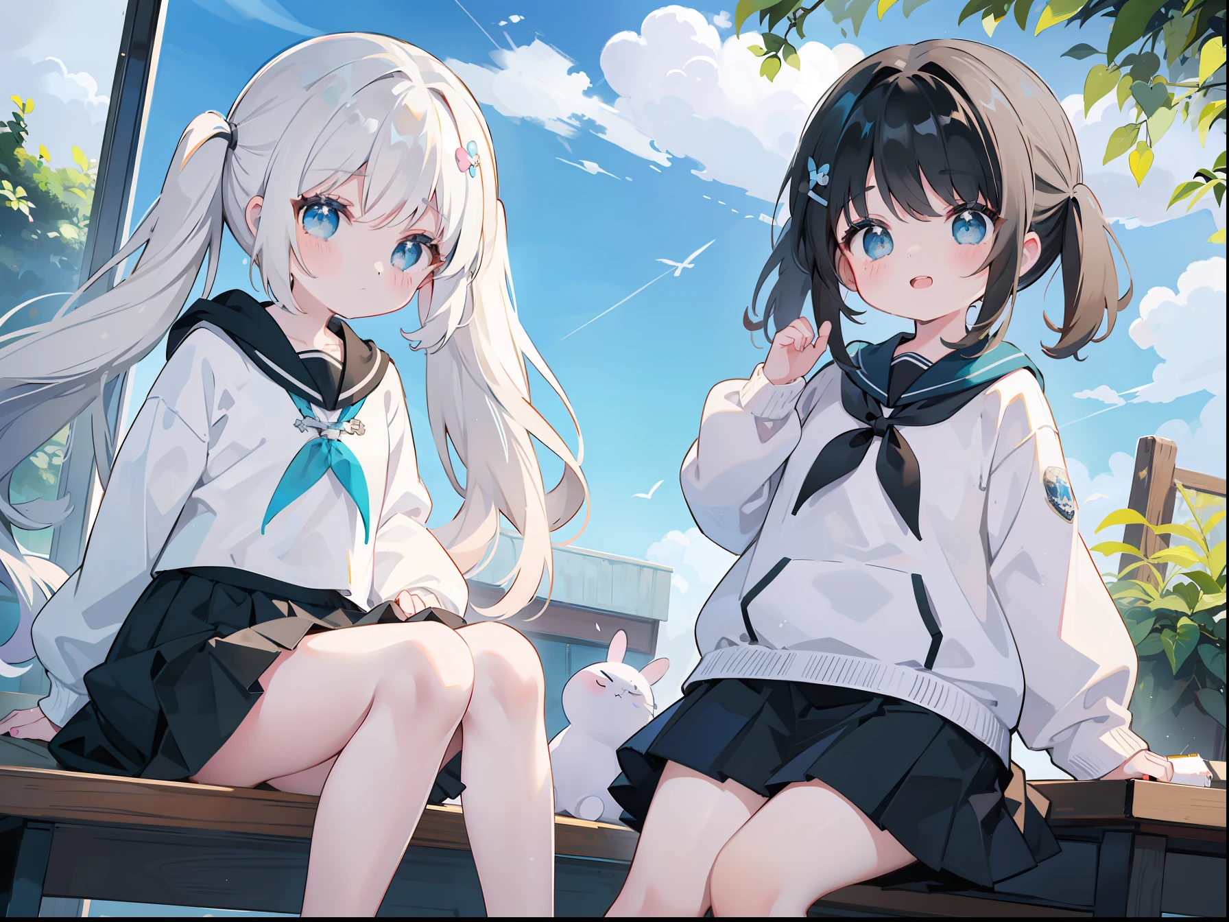 2 girls in、Sit back to back、See each other、The child on the right has long white hair.、((The child on the left has blue twin tails))、The child on the right has blue eyes.、The child on the left has green eyes.、((The child on the right is a hoodie and a black skirt.))、The child on the left is a sailor suit.、Good friends、2 girls in、The wind is blowing、School rooftop、Beautiful Morning Sun、dappled light、((The child on the right grinned))、The child on the left has a soft smile on his face、I have a smartphone、(High resolution of the highest quality)、((masterpiece best quality:1.2)), [[[Tangled legs]]], [[[Tangled arms]]], [[[Fused limbs]]], [[malformed hand]], [[[[broken face]]]], [[[[Crushed eyes]]]]