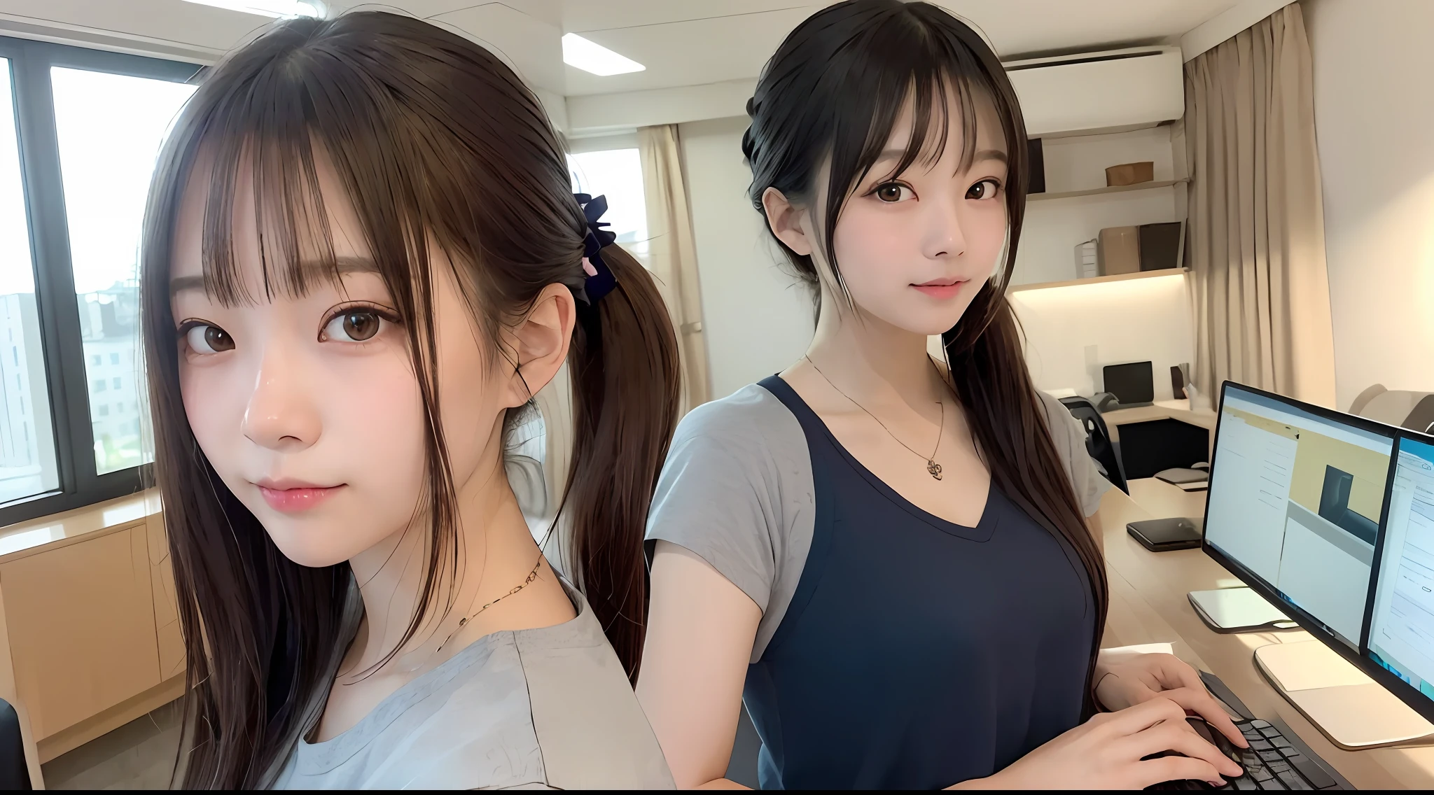 女の子1人、Women around 19 years old、garments(tshirts）、hairstyle on(A dark-haired、Bow）、a picture、realisticlying、top-quality、adopt、A detailed face、s Office、a desk、细致背景、diffuse sunlight、depth of fields、独奏