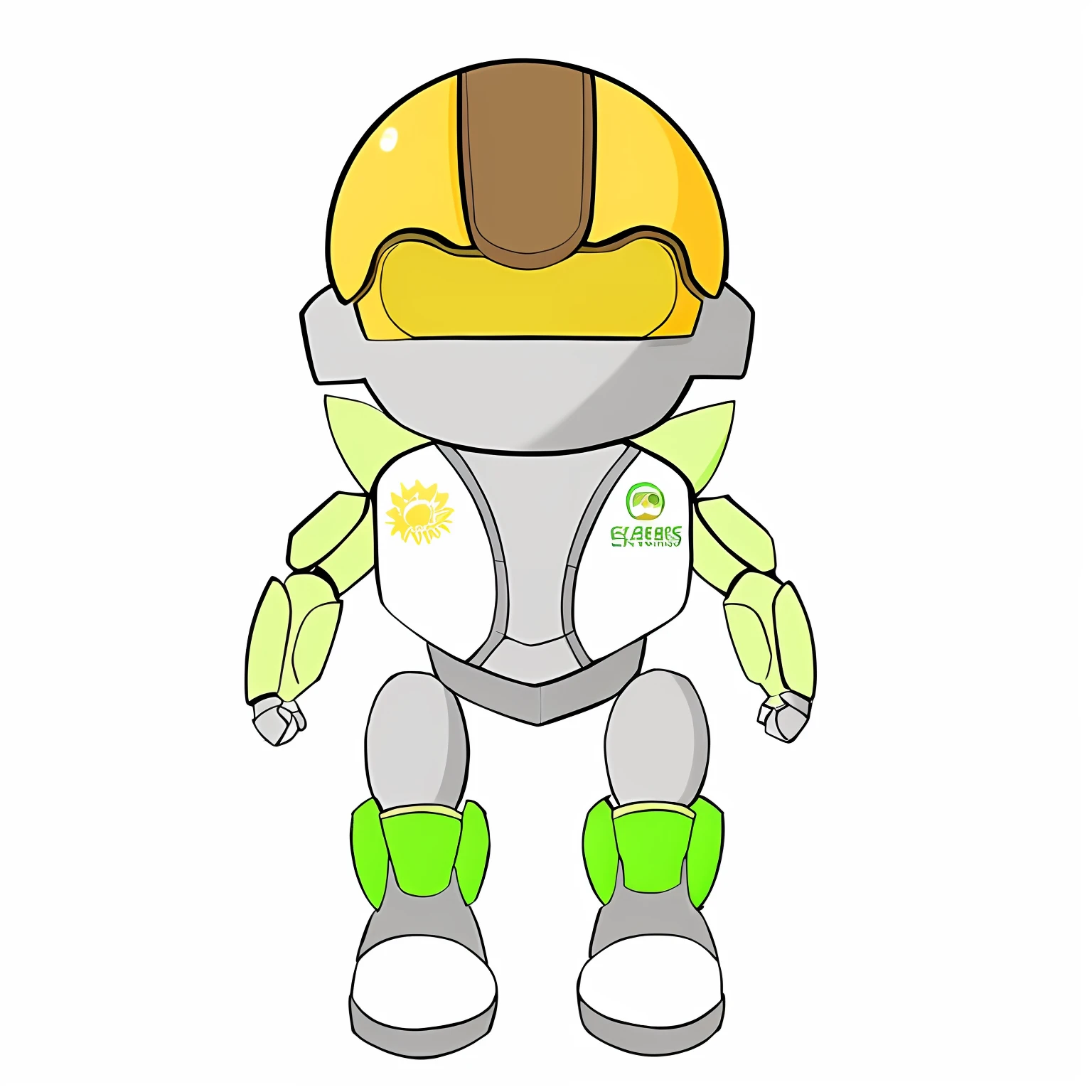 Cartoon robot wearing helmet and green and yellow body, samus aran bioorganic varia suit, 《overwatch》Orissa, boston celtics ironman suit, yellow space suit, 《overwatch》Lucio, friendly humanoid insect robot, full body mascot, Samus Alain fanwork, samus aran, Samus, humanoid character, anthropomorphic turtle humanoid