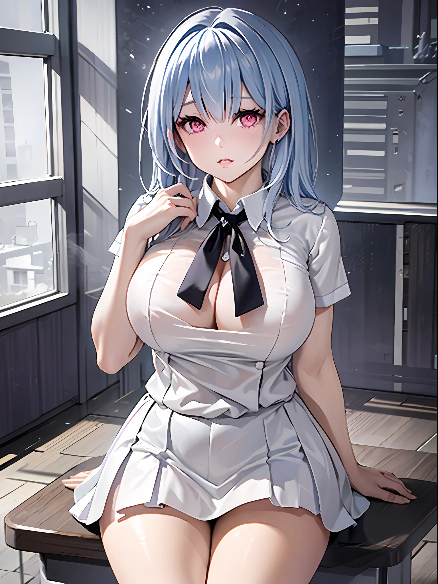 Anime - Stylistic image of a woman in a white shirt and a black skirt, seductive anime girls, Smooth anime CG art, On a table, beautiful and seductive anime woman, Surrealism female students, Realistic schoolgirl, Surrealism female students, 2 b, 2b, sakimichan, [ 4 K digital art ]!!, Perfect white haired girl，huge tit，Blush，