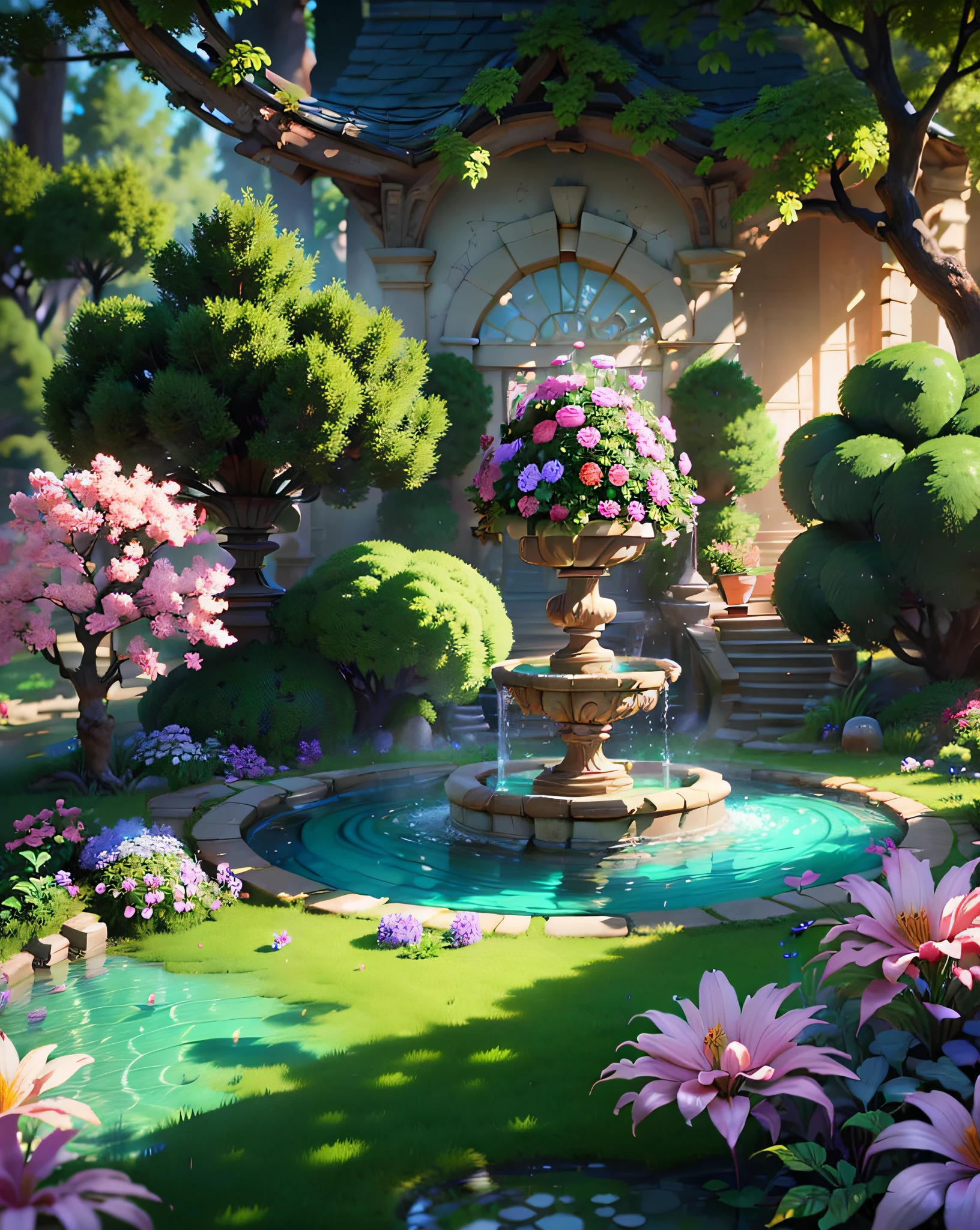 Masterpiece, best quality, (extremely detailed CG unity 8k wallpaper), (best quality), (best illustration), (best shadows), old manor with a gorgeous garden fountain in the middle, Garden with a variety of colorful flowers surrounded by trees, , isometric 3D, octane render, ray tracing, super detailed, --v 6