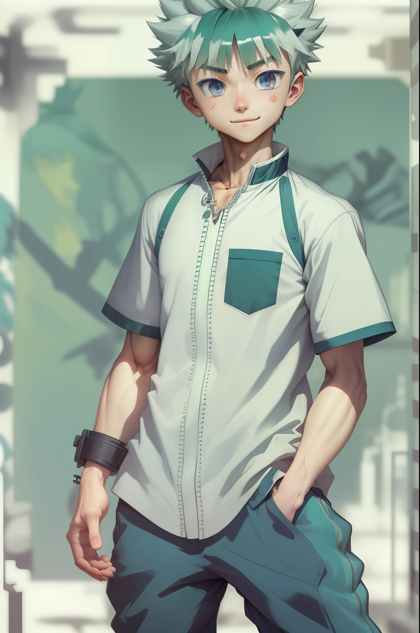 Design an ultra HD, super detailed anime-style character, inspired by Killua from Hunter x Hunter, but with a stylish undercut hairstyle. This character is , shirtless, and has a well-defined physique. The artwork should showcase the character's entire body, barefoot and smiling adorably. The image should be meticulously crafted, capturing every intricate detail of the character's appearance. The goal is to create a visually captivating and endearing portrayal of the anime-inspired character, merging the essence of Killua with a unique and charming personality.