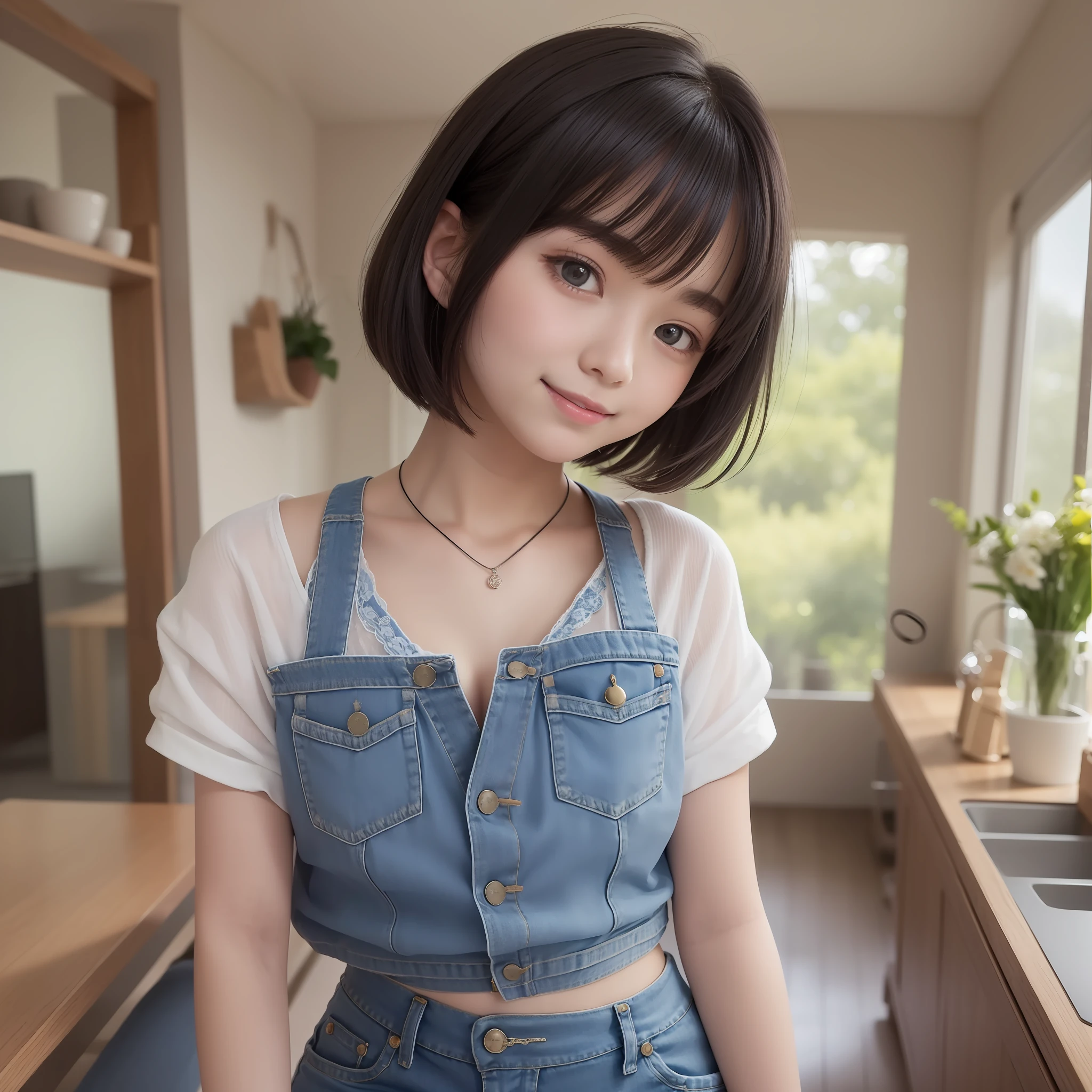 With the best image quality、Teenage girl standing in room。In high resolution、Beautiful fine details、tranquil atmosphere。Black Hair Bob Hair、Cute smile.。((tiny chest))、Good Denim、Denim pants
