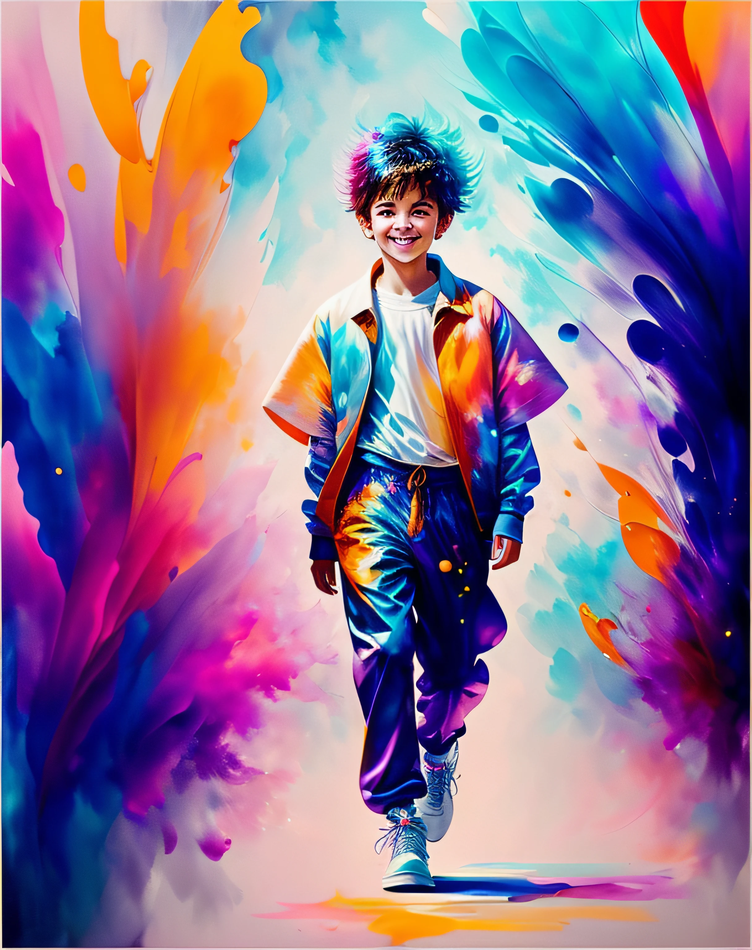 Smiling boy and girl parading on an imaginary catwalk, com looks inspirados em personagens encantadores. character rendering, ultra high quality model, ethereal background, beleza abstrata, explosive volumetric, oil-painting, pinceladas pesadas, pingos de tinta