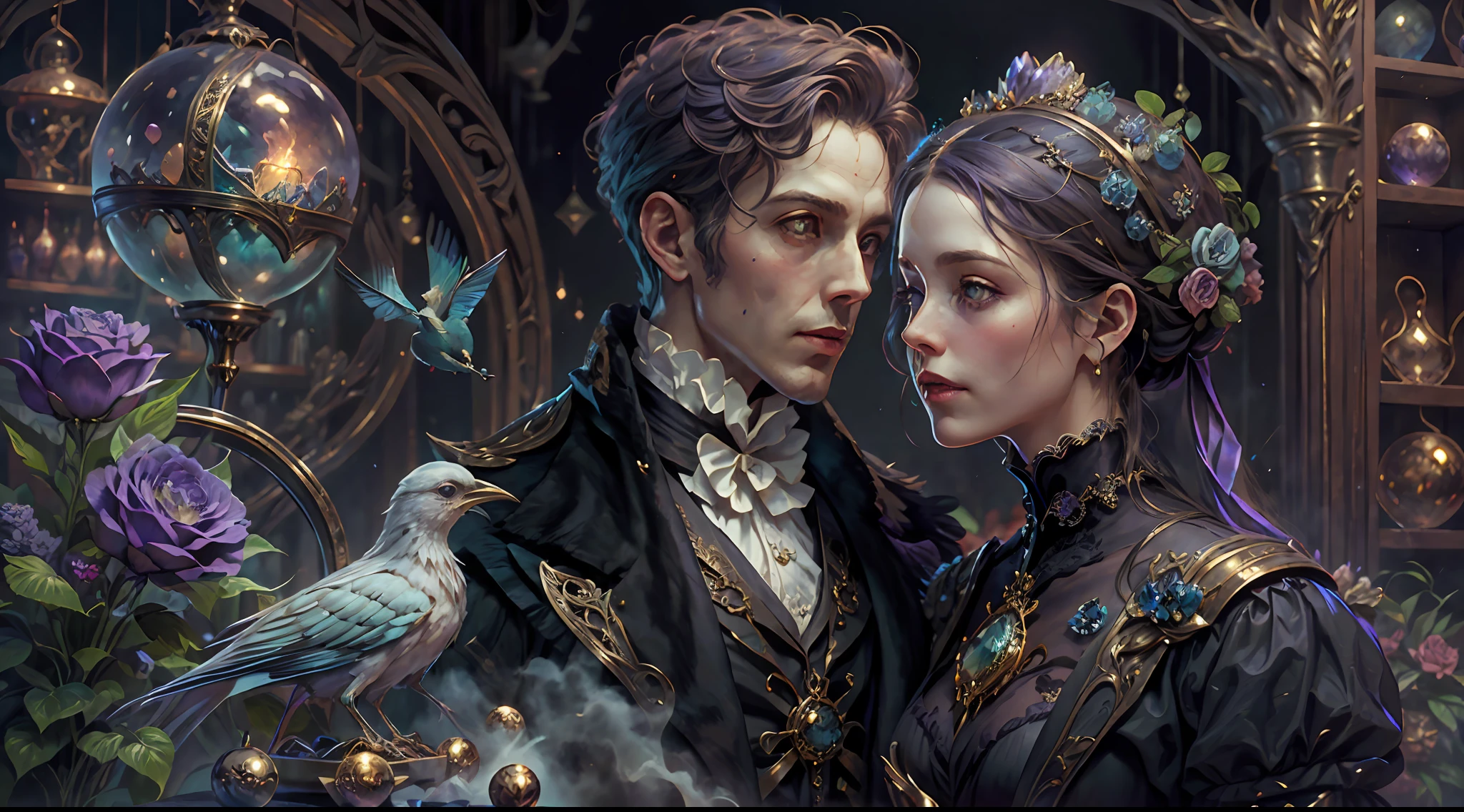 a young, A handsome and beautiful aristocratic couple runs a magic shop in the Age of Steam Magic,head looking up,florals,The bird,A plant,crystal sphere,magic item,victorian aristocrat,purple flower,ultra-realistic realism