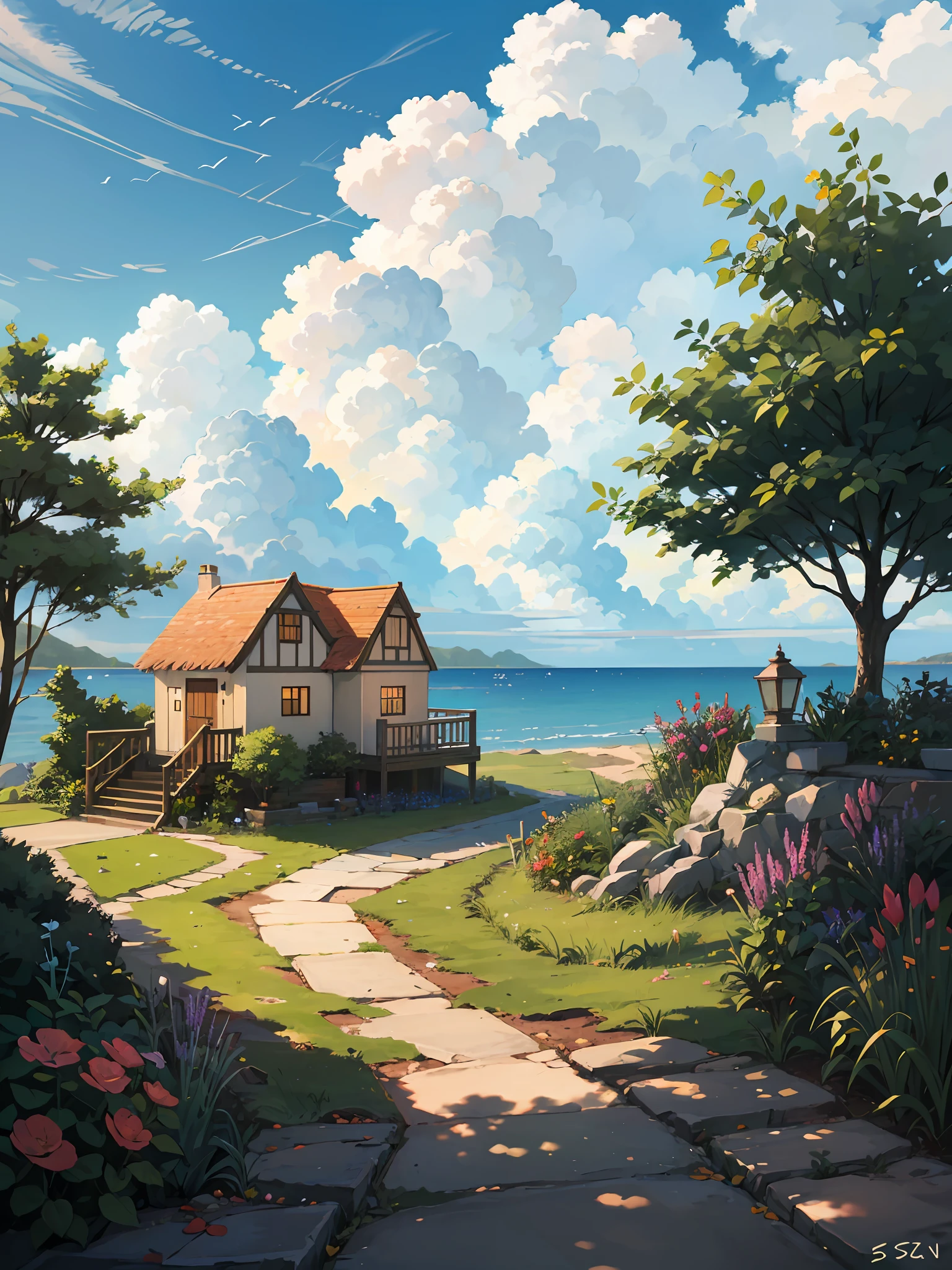 sea side cottage, clouds, tree near the cottage, cozy scene, anime --auto --s2