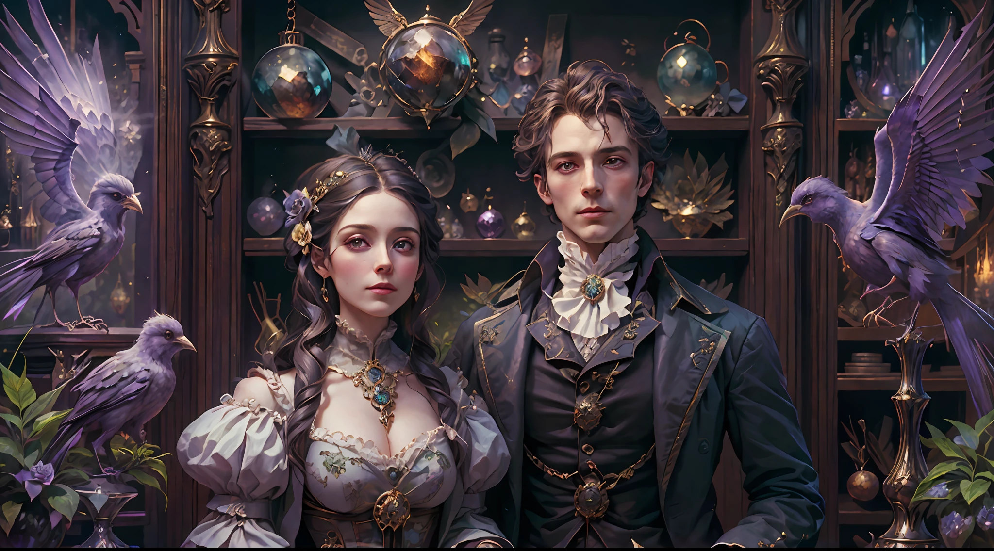 a young, A handsome and beautiful aristocratic couple runs a magic shop in the Age of Steam Magic,head looking up,florals,The bird,A plant,crystal sphere,magic item,victorian aristocrat,purple flower,ultra-realistic realism