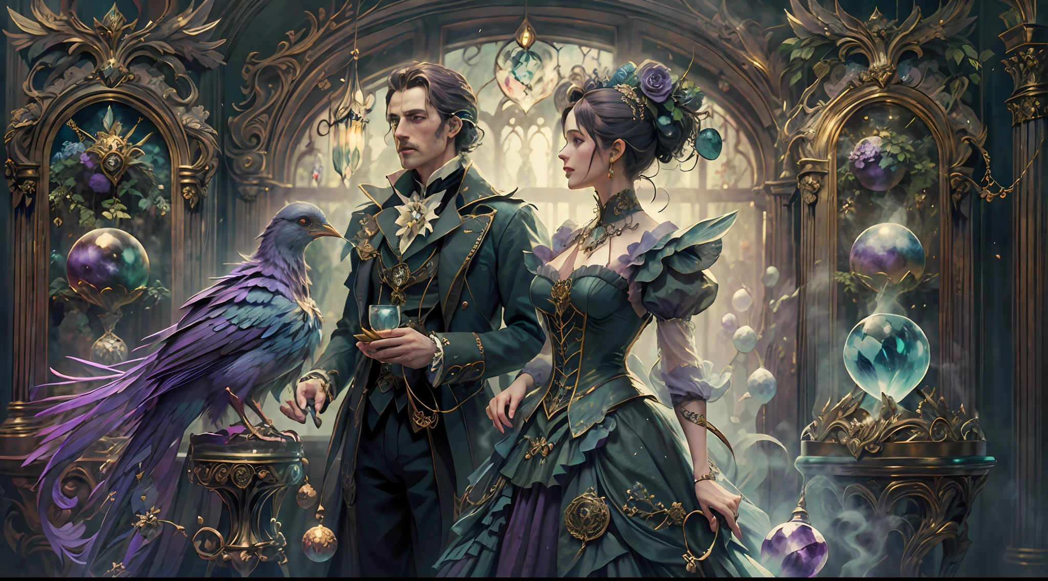 a young, A handsome and beautiful aristocratic couple runs a magic shop in the Age of Steam Magic,head looking up,florals,The bird,A plant,crystal sphere,magic item,victorian aristocrat,purple flower,ultra-realistic realism