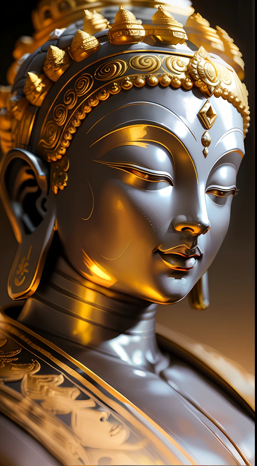 Close-up, huge Buddha avatar, Buddha light shining, golden light