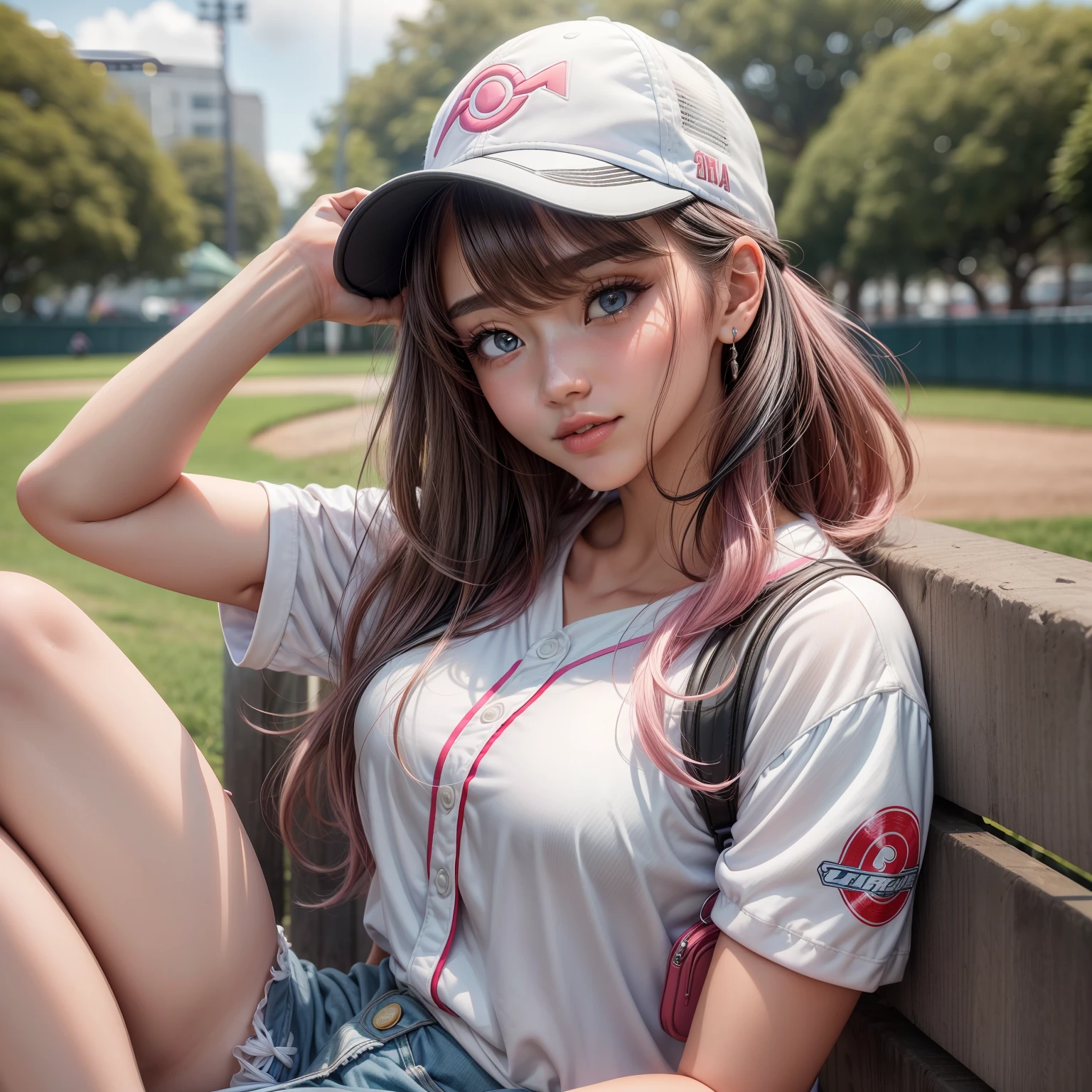 arte do busto de uma menina anime bonito, 1girl, meados dos anos 20, peitos c-cup, comprimento do ombro cabelo rosa, Cabelos lisos, (olhos azuis escuros), (white and black baseball cap), (jaqueta azul clara), (rosa e branco), Caminhando no Parque, park scenery, cara bonito, sorriso bonito, menina pokemon, full lips, Batom rosa, bright lips, 8k, master part, circunstanciado, alta qualidade