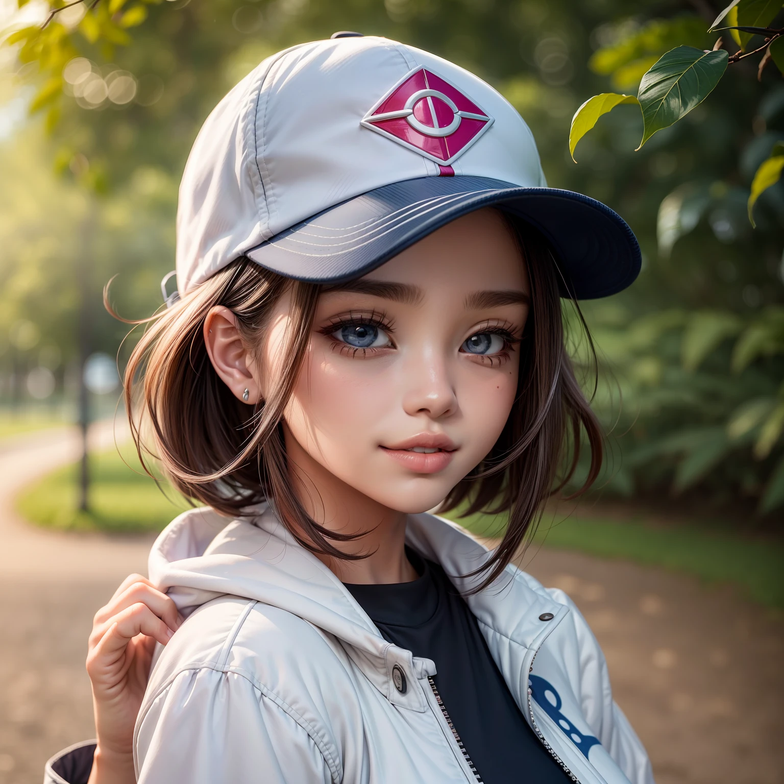 arte do busto de uma menina anime bonito, 1girl, meados dos anos 20, peitos c-cup, comprimento do ombro cabelo rosa, Cabelos lisos, (olhos azuis escuros), (white and black baseball cap), (jaqueta azul clara), (rosa e branco), Caminhando no Parque, park scenery, cara bonito, sorriso bonito, menina pokemon, full lips, Batom rosa, bright lips, 8k, master part, circunstanciado, alta qualidade