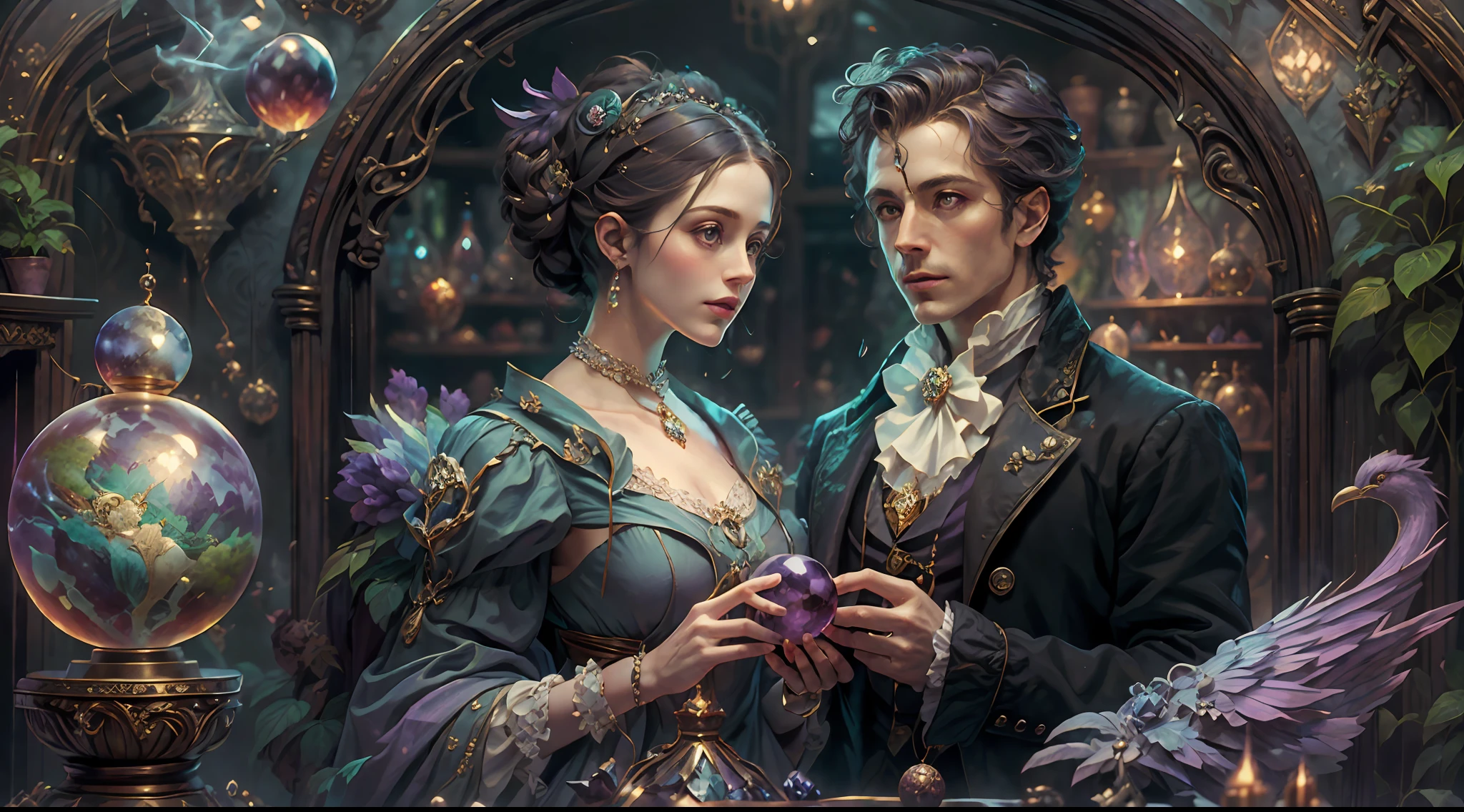 a young, A handsome and beautiful aristocratic couple runs a magic shop in the Age of Steam Magic，head looking up，florals，The bird，A plant，crystal sphere，magic item，victorian aristocrat，purple flower，ultra-realistic realism