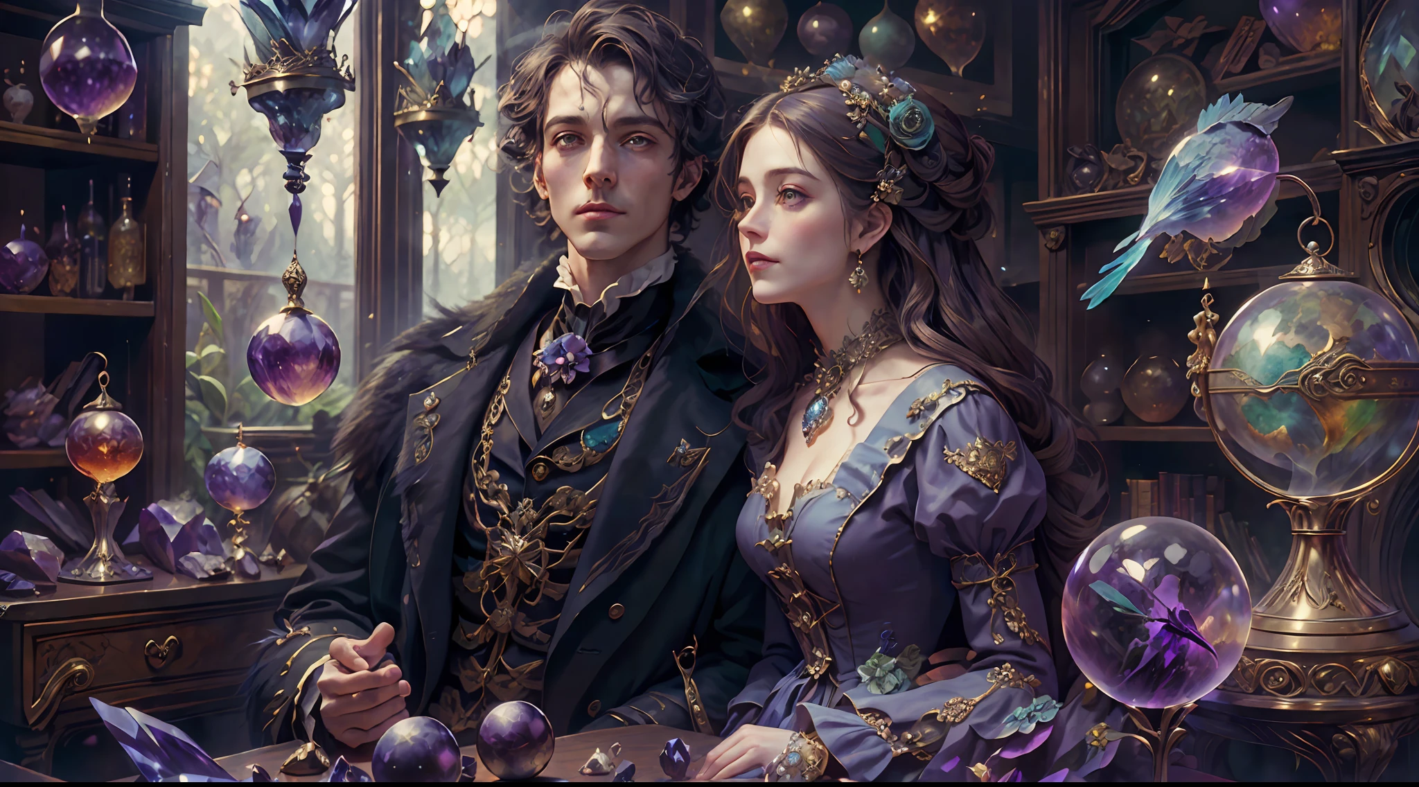 a young, A handsome and beautiful aristocratic couple runs a magic shop in the Age of Steam Magic，head looking up，florals，The bird，A plant，crystal sphere，magic item，victorian aristocrat，purple flower，ultra-realistic realism