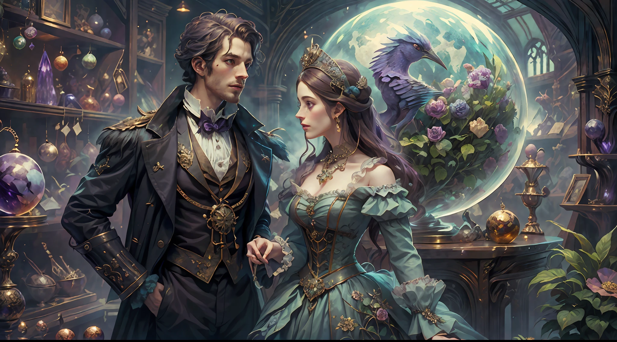 a young, A handsome and beautiful aristocratic couple runs a magic shop in the Age of Steam Magic，head looking up，florals，The bird，A plant，crystal sphere，magic item，victorian aristocrat，purple flower，ultra-realistic realism