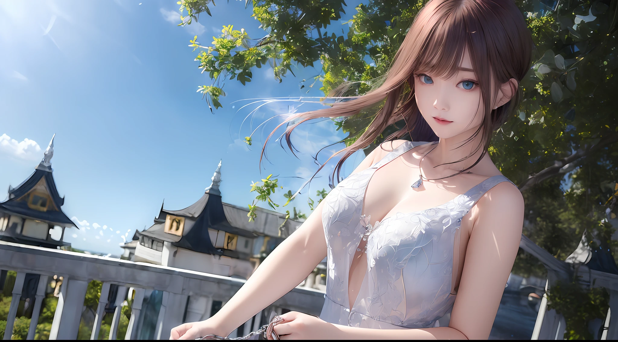masterpiece、(Photorealsitic:1.4)、top-quality、beautiful lighting、(ulzzang-6500:0.5)、Makima \(chain saw man\)、(Bob hair)+(A dark-haired)+(bangss)、blue eyess、blue eyess、laugh、((Ring-shaped eyes))、RAW Photography、8k UHD、film grains、((HD 8k wallpapers、Exquisite and detailed、brightened light、Soft shadows))、Planktonic、natural atmosphere、with blue sky and white clouds、landscapes(Far or near)、1 female、blue eyess、colourful hair(golds:1.2 +reddish:1.1 +Plata+Viola+verdant:1.3)、White martial arts costume、a necklace、dynamicposes、dynamic ungle、Natural water droplets、Empty scene、Watercolor style。