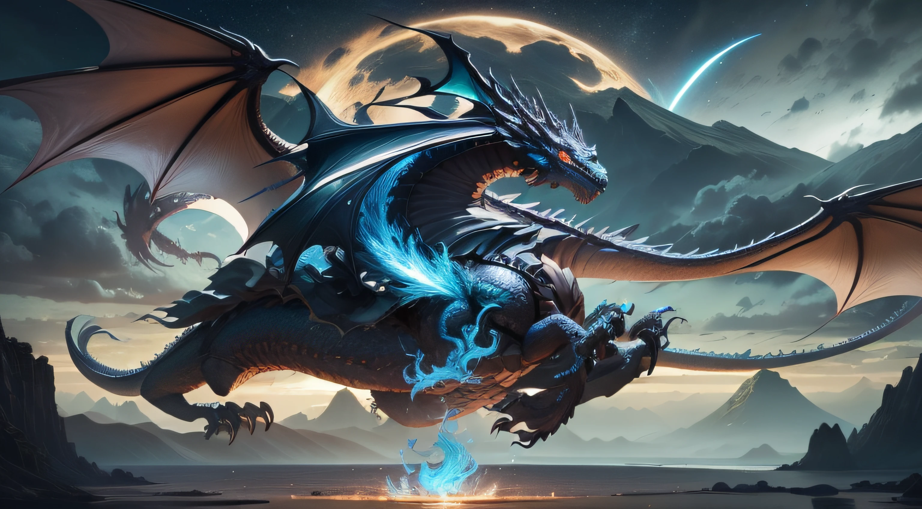 Create a vector of a knight riding a dragon with a background of a dark island in landscape mode.
I would like a drawing that depicts a heroic knight riding a majestic dragon, Voando sobre uma ilha escura e misteriosa. O cavaleiro deve estar vestido com uma armadura elegante e segurando uma espada reluzente, while the dragon spreads its imposing wings in flight. A ilha deve ser rochosa, with lush vegetation and touches of mystical elements, like ancient trees and ruins. The sky should have a nocturnal appearance with stars, e uma lua brilhante iluminando a cena.

Requirements:
- Create a vector of a knight riding a dragon.
- O cavaleiro deve estar segurando uma espada reluzente.
- The dragon must have its wings spread in flight.
- The background should represent a dark island with mystical elements.
- A cena deve estar no modo paisagem.

Feel free to use color and detail to bring the scene to life and highlight the protagonists, O cavaleiro, and the dragon. Be sure to create the vector to ensure scalability and usability across multiple projects, as book illustrations, Posters, ou jogos.