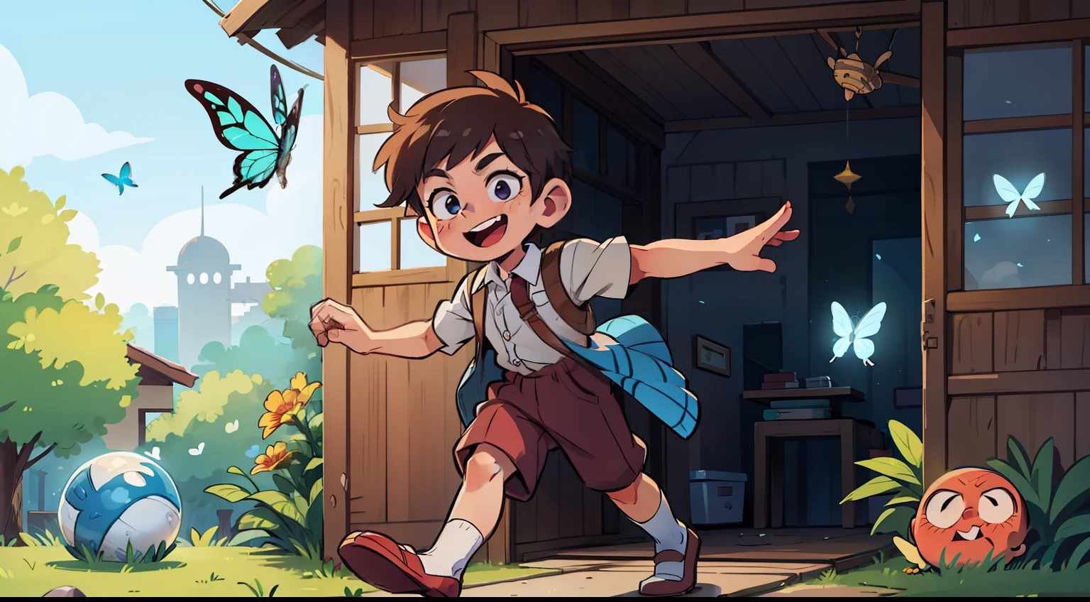 -a boy- -kicking a magic ball- , -elderly old people smiling-, scenario: -home for the elderly, asylum-, -by day-. -butterflies flying-
