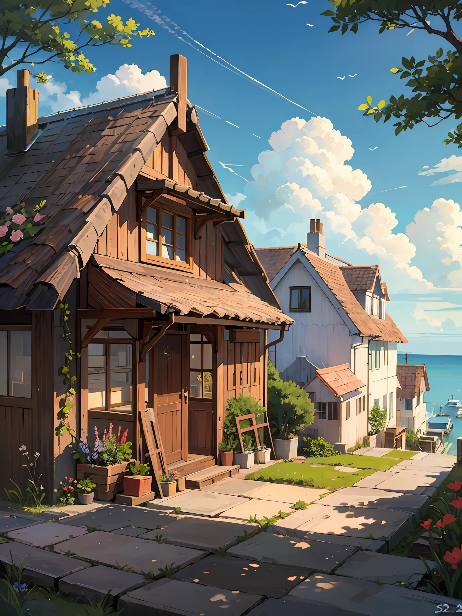 sea side cottage, clouds, tree near the cottage, cozy scene, anime --auto --s2