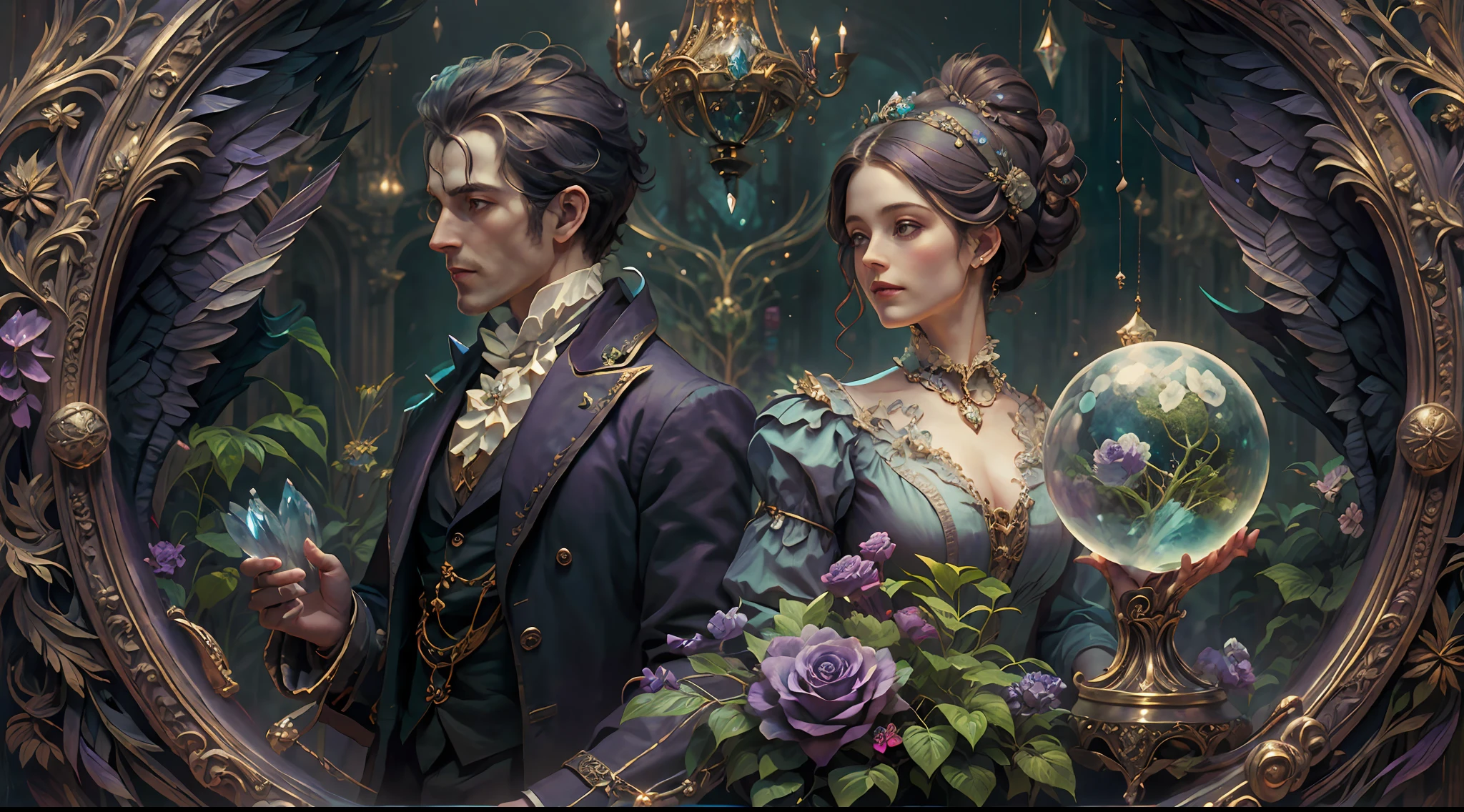 a young, A handsome and beautiful aristocratic couple runs a magic shop in the Age of Steam Magic，head looking up，florals，The bird，A plant，crystal sphere，magic item，victorian aristocrat，purple flower，ultra-realistic realism