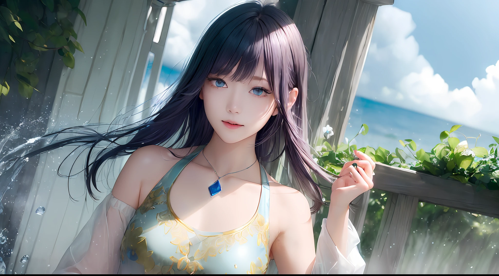 ​masterpiece、(Photorealsitic:1.4)、top-quality、beautiful  lighting、(ulzzang-6500:0.5)、Makima \(chain saw man\)、(Bob hair)+(A dark-haired)+(bangss)、blue eyess、blue eyess、laugh、((Ring-shaped eyes))、RAW Photography、8k UHD、film grains、((HD 8k wallpapers、Exquisite and detailed、brightened light、Soft shadows))、Planktonic、natural atmosphere、with blue sky and white clouds、landscapes(Far or near)、1 female、blue eyess、colourful hair(golds:1.2 +reddish:1.1 +Plata+Viola+verdant:1.3)、White martial arts costume、a necklace、dynamicposes、dynamic ungle、Natural water droplets、Empty scene、Watercolor style。