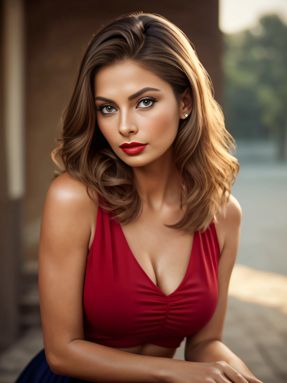 photo of beautiful young woman Sophia Loren 1970s, in a skirt and top posing for a photo, Sexy girl, lovely woman, pretty woman, beautiful woman, stunning woman, casual pose, beautiful girl , attractive girl, sexy look, pretty girl, beautiful picture, (red lips lipstick), elegant makeup, sunset, style by (Steve McCurry), Nikon Z FX Device, Spring EF 70mm, cinematic lighting, studio backdrop, style long exposure, long shot type, vibrant color scene, photorealistic, intrinsic, beautiful face, ultra-detailed face, perfect body, full body, Flawless, realistic, highly detailed, art station, trend, master piece, realistic face, realistic skin, detailed eyes, great art, ultra realistic n-9 render, 4k, 8k, 16k, 20K, HDR, UHD, 64k, perfect lighting, studio lighting, photorealistic, hyper realistic, symmetrical face, unreal engine, Bokeh, High resolution scanning, professional photography