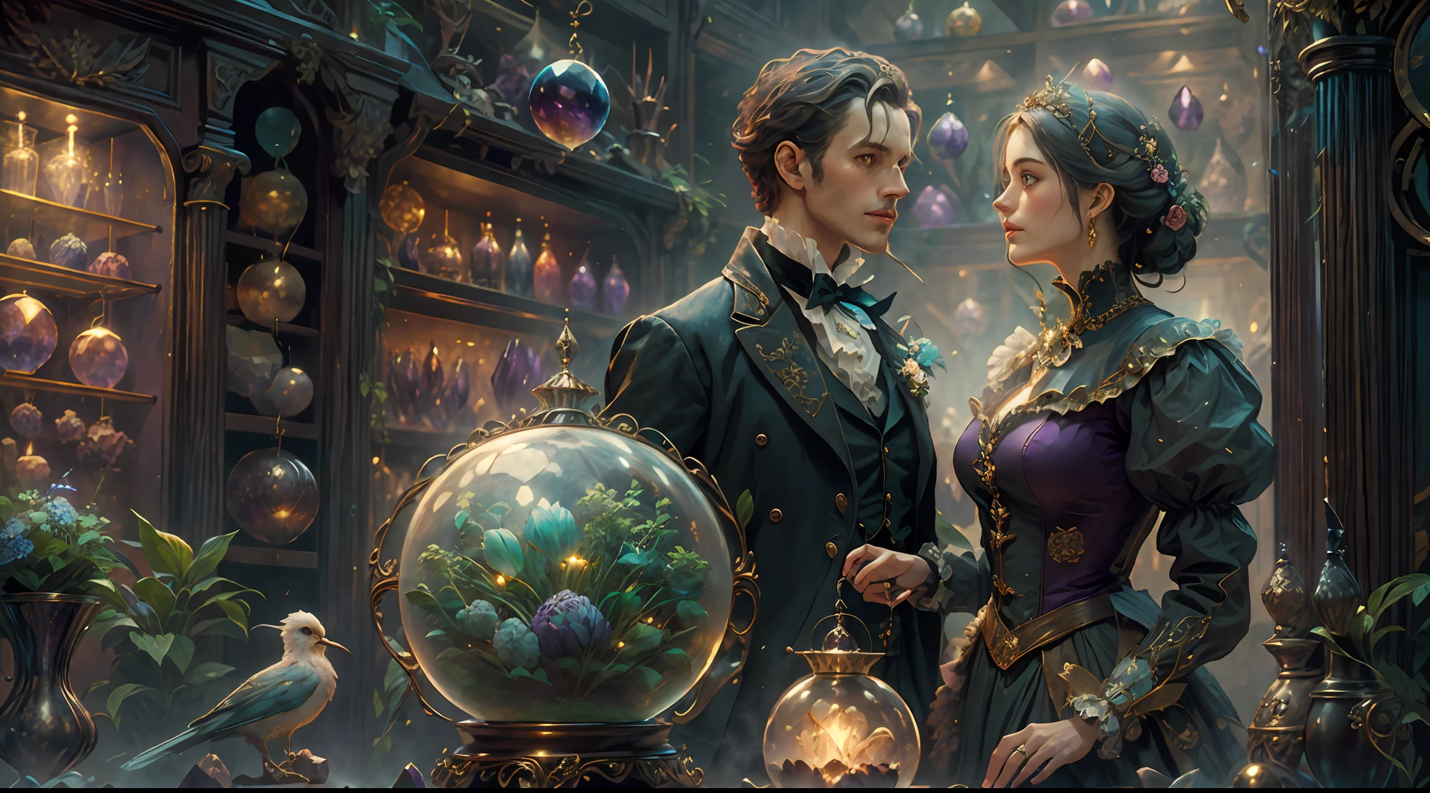 a young, A handsome and beautiful aristocratic couple runs a magic shop in the Age of Steam Magic,head looking up,florals,The bird,A plant,crystal sphere,magic item,victorian aristocrat,purple flower,ultra-realistic realism