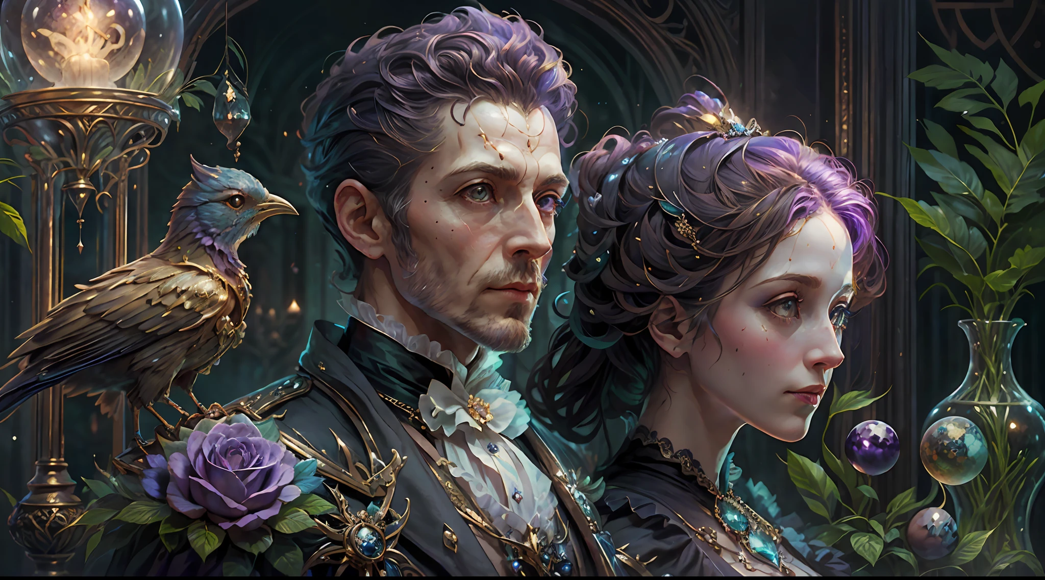 a young, A handsome and beautiful aristocratic couple runs a magic shop in the Age of Steam Magic，head looking up，florals，The bird，A plant，crystal sphere，magic item，victorian aristocrat，purple flower，ultra-realistic realism