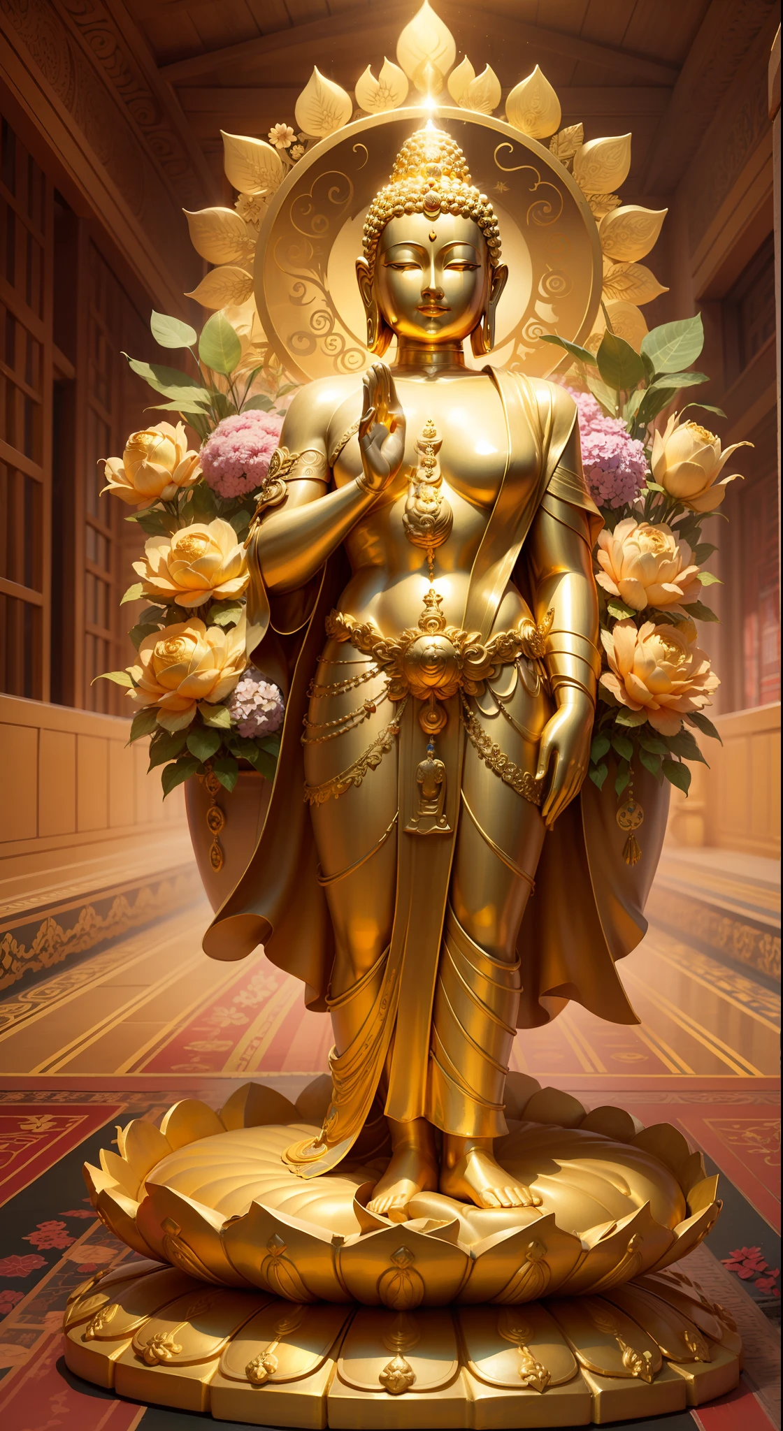 Golden Buddha statue with a shining halo, buddhism, the buddha, budista, Buddha, samsara, Enlightenment, beautiful gold saint, Spiritual enlightenment, Pushkarakha, Enlightenment, buddhist art, Shining golden aura, Enlightenment. Convoluted, on path to enlightenment, on path to enlightenment, radiating golden light