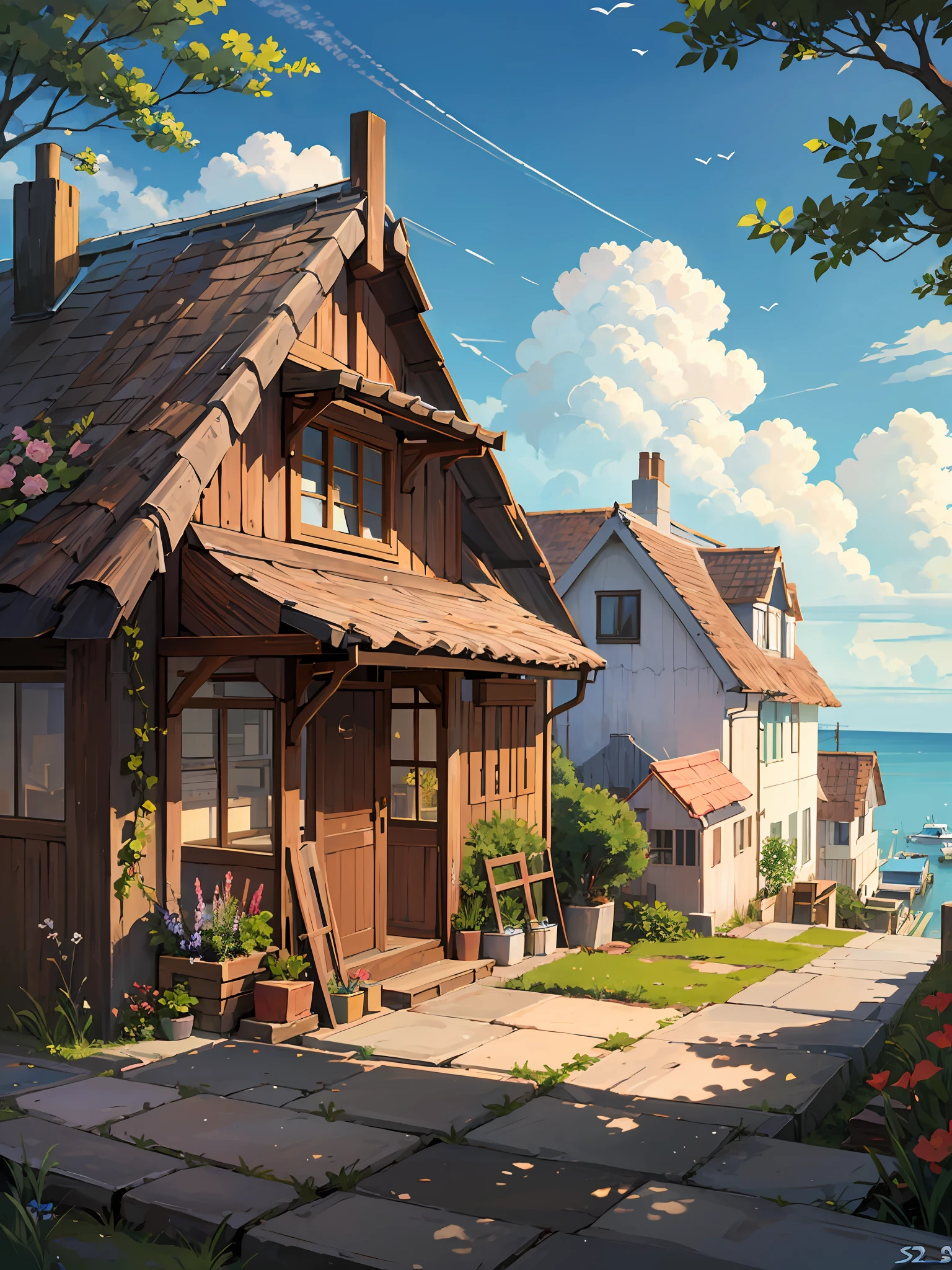 sea side cottage, clouds, tree near the cottage, cozy scene, anime --auto --s2