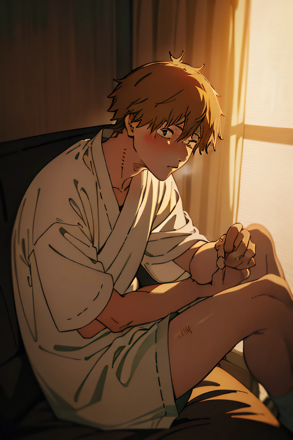 Denji at home, noticing his injured knee - a manga scene captured in a stunning oil painting by the talented artist Hiroshi Yamamoto. Denji sits on a cozy couch, sunlight streaming through a half-drawn curtain, casting warm hues on the scene. His face shows a mix of concern and pain as he gently touches his bruised knee. The overall atmosphere exudes a sense of vulnerability and introspection. The artist's masterful brushstrokes bring the manga-inspired world to life, making the viewer empathize with Denji's emotions. The artwork beautifully captures the essence of the moment. --v 5 --stylize 1000