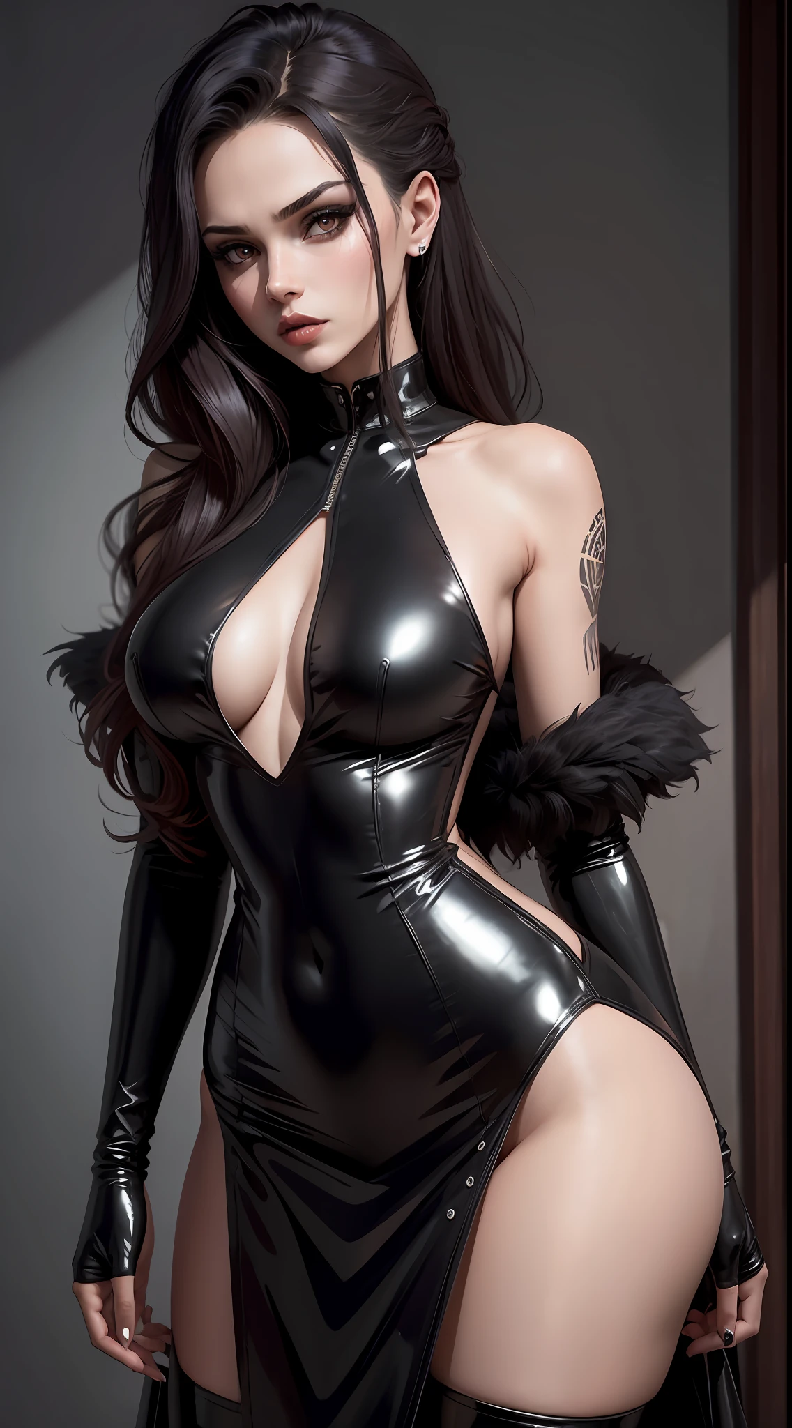 um close up de uma mulher em uma roupa de couro preto, latex domme, dark goth queen, usando uma roupa de couro completa, dominatrix, em um espartilho de couro, very beautiful goth top model, gothic horror vibes, wearing black latex outfit, tatuagens pelo o corpo, cabelo com mechas roxas, roupas apertada, sexy, poses sensuais