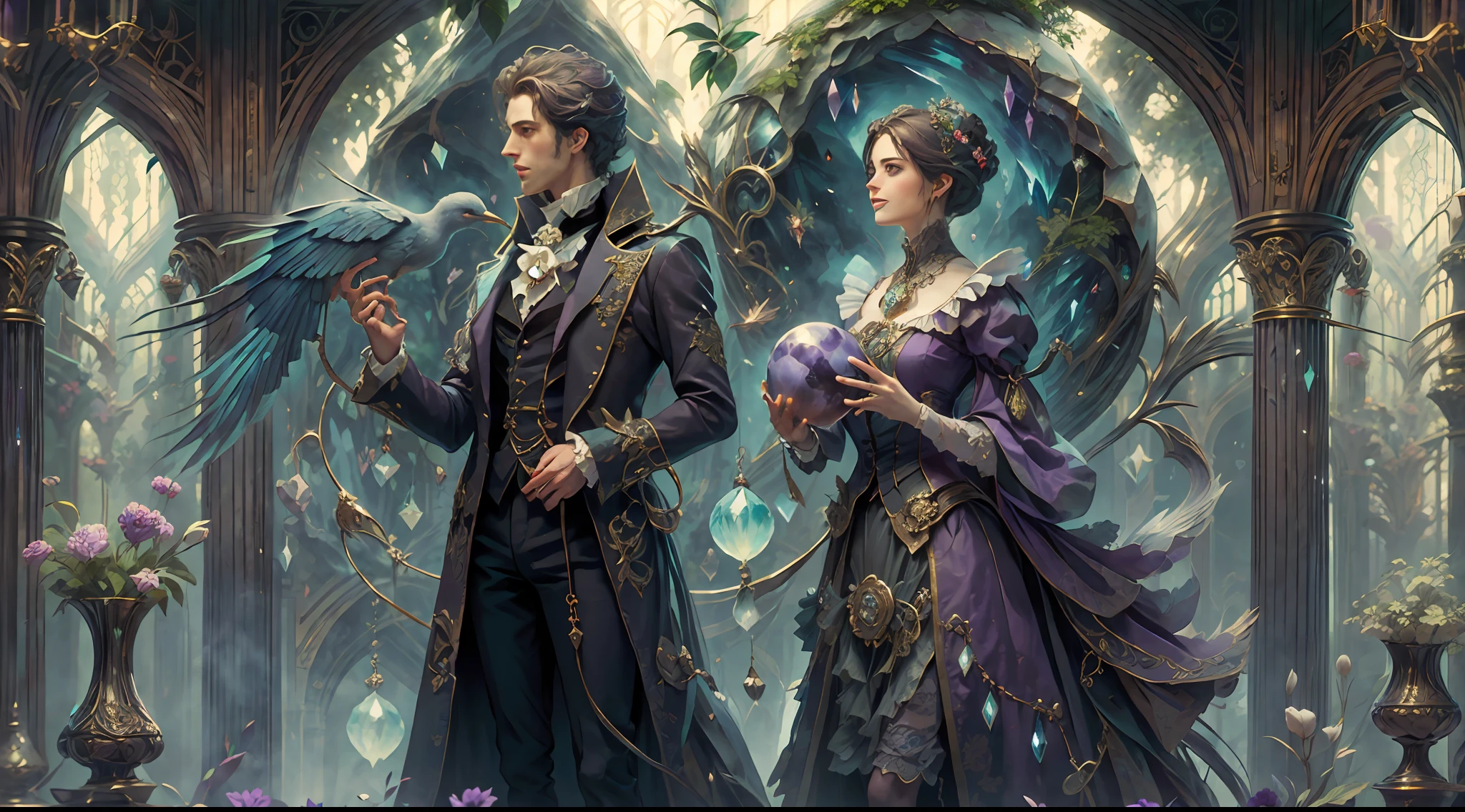 a young, A handsome and beautiful aristocratic couple runs a magic shop in the Age of Steam Magic，head looking up，florals，The bird，A plant，crystal sphere，magic item，victorian aristocrat，purple flower，ultra-realistic realism