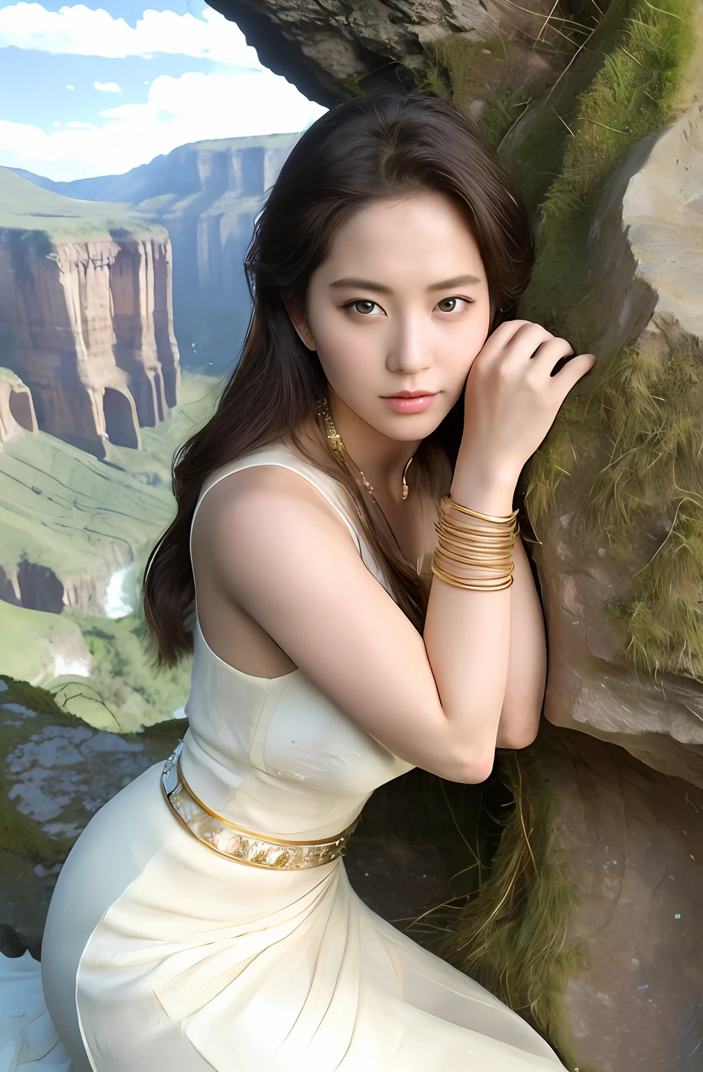 8K Raw photograph,超高分辨率, filmgrain, filmg,view the viewer, Natural skin texture,Realistic eye and face details,((Realistic:1.5)),Ulzzang-6500:1.4,((Best quality)), ((Masterpiece)),((Detailed)),2girls,duo,{2 beautiful women}, (Upper body:1.3),Hug and touch each other, Tease your friend's waist, Breathless friends, Biting a friend's earlobe, crouched,super wide shot,Face focus, Long legs,Curvy, Barefoot,Wide hips, Thin legs, Oversized eyes,Long eyelashes, (Detailed face,beautidful eyes, detailedpupils,detailed clothes features, Clear background:1.3), (armlets, bangle:1.3), Mysterious ancient ruins, floresta exuberante, Deep canyon,bridge,River,cliff,Cloud,lakes,Rock music,Waterfalls, Flowers, Grass,grape trees,tree,bright detail,Sharp,Perfect compounding, Intricate, Sharp focus, Dramatic,