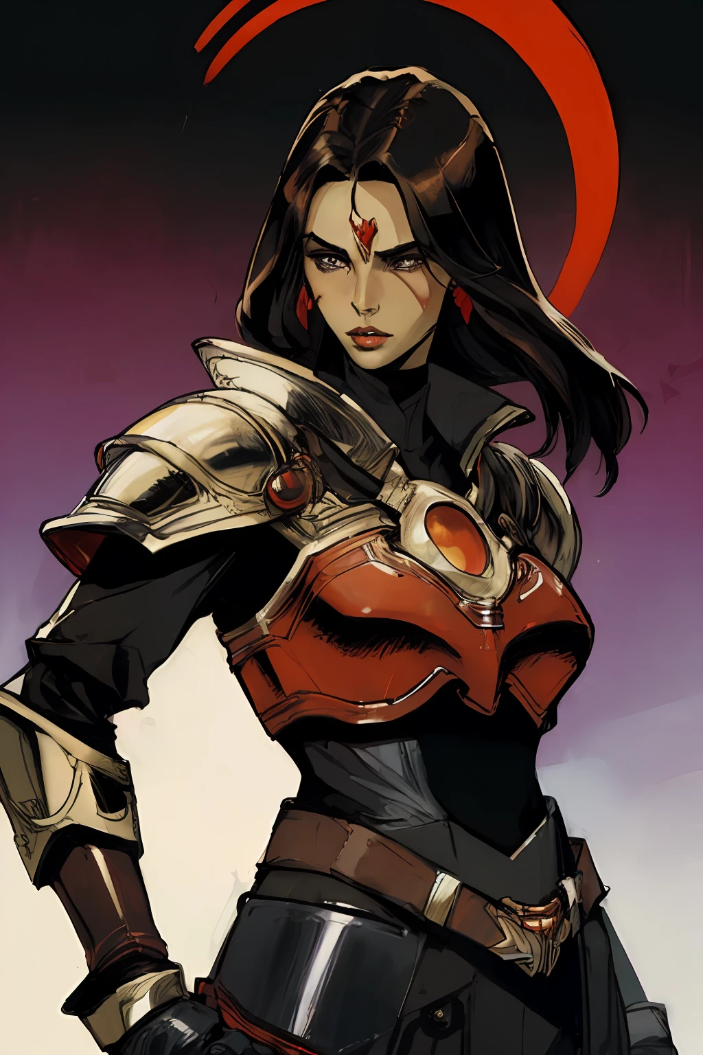 portrait of 1 brunette woman, battle stance, futuristic armor, red eclipse halo background encircling head,, futuristic, detailed, ( methurlant), (masterpiece, best quality:1.3), moth,