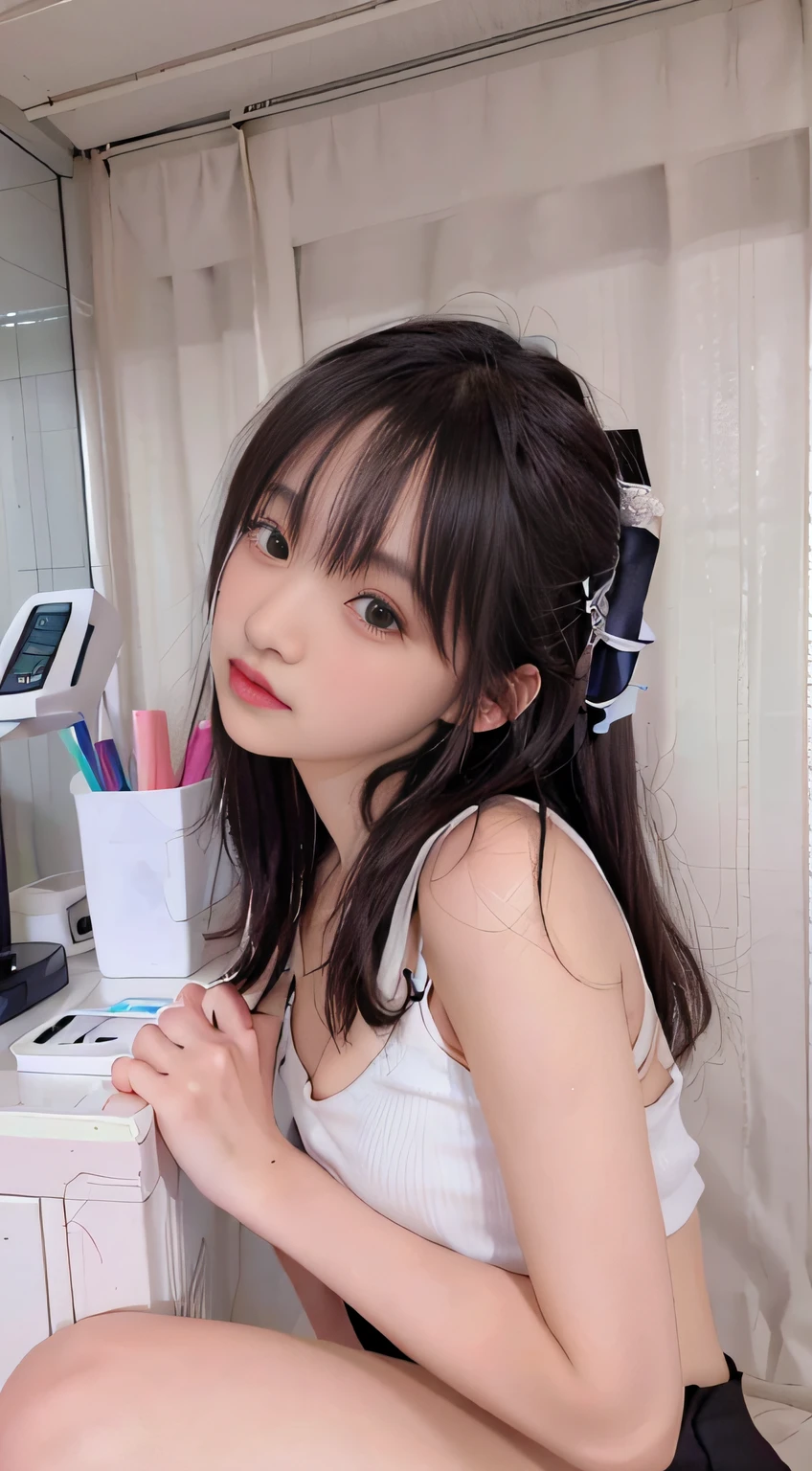 RAW, analog style, delicate, best quality, hyper detail, finely detailed, intricate details, colorful, (perfect body, perfect face), (a beautiful 18 age years old cute Korean girl:1.3),  soft lips, (light eyebrow:1.4),1 girl, 18 yo, solo focus, skinny, pale skin, soft lips, (light eyebrow:1.4),shiny brown eyes, black long hair, hair clip, small breasts, beautiful detailed sky, floating hair,  (nose blush),  beautiful detailed eyes, office lady, suits, white shirt, black miniskirt,  black heels\\ street, subway station, shop border,tree,r cloudy,  smile,