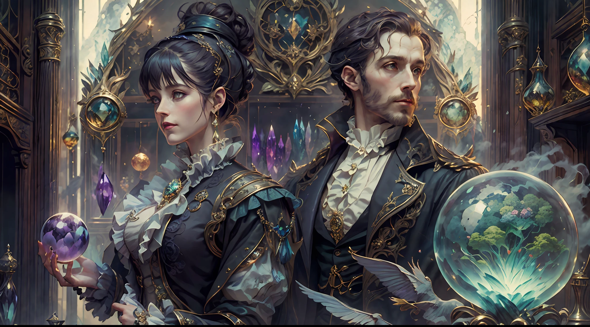 a young, A handsome and beautiful aristocratic couple runs a magic shop in the Age of Steam Magic，head looking up，florals，The bird，A plant，crystal sphere，magic item，victorian aristocrat，purple flower，ultra-realistic realism