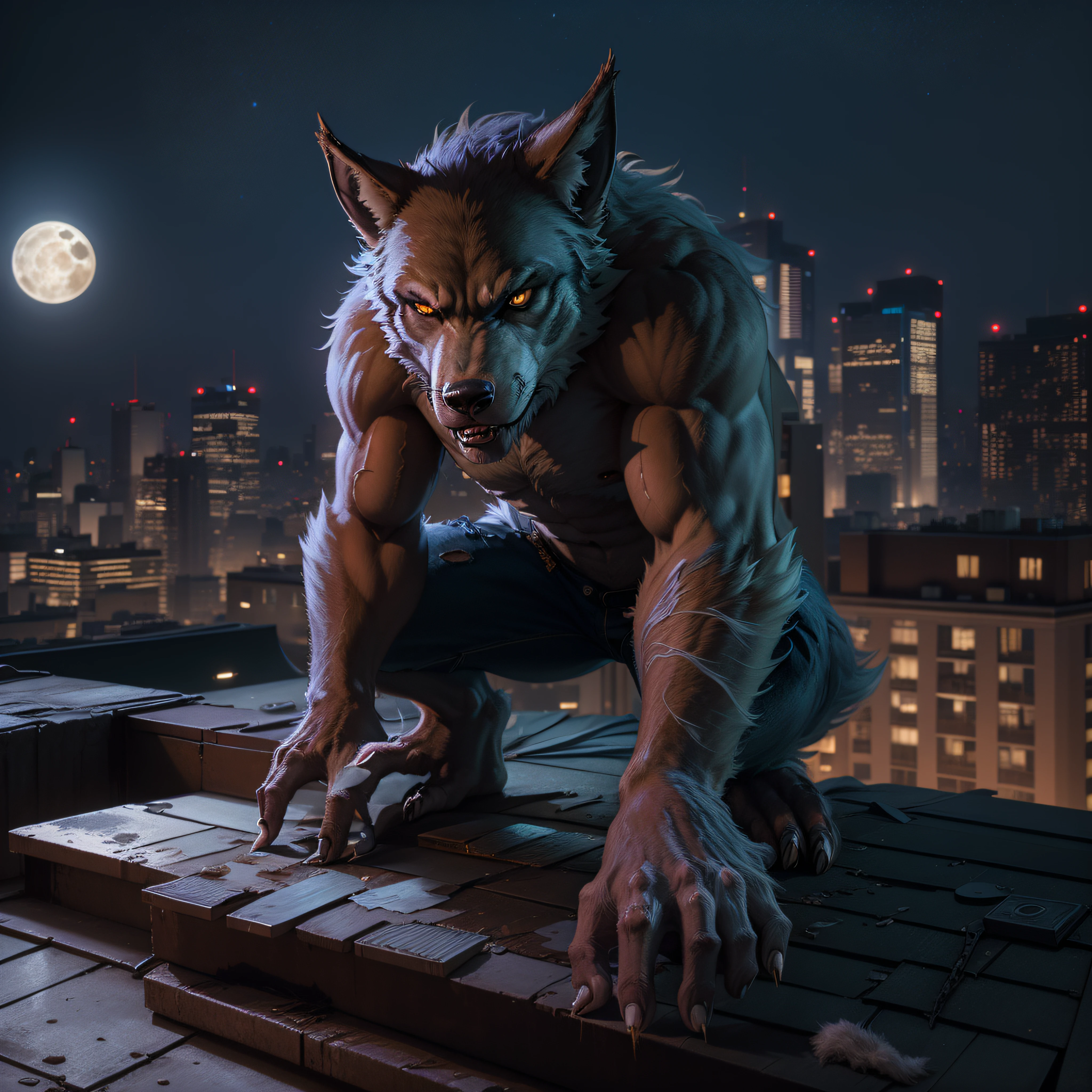 (Masterpiece, Superb Quality, Super Delicate, High Resolution) Werewolf, photo-realistic, octane render, unreal engine, ultra-realistic, Marvel comic's (((Werewolf by night))) (((wearing tattered pants))) (((on a City rooftop))), moon in the background, ultra-realistic, Masterpiece, octane render, unreal engine