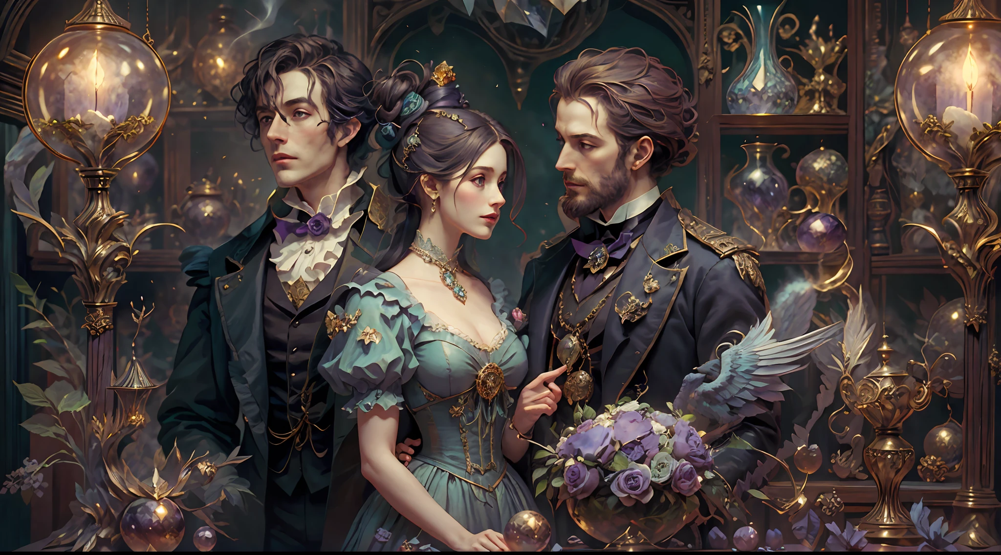 a young, A handsome and beautiful aristocratic couple runs a magic shop in the Age of Steam Magic,head looking up,florals,The bird,A plant,crystal sphere,magic item,victorian aristocrat,purple flower,ultra-realistic realism