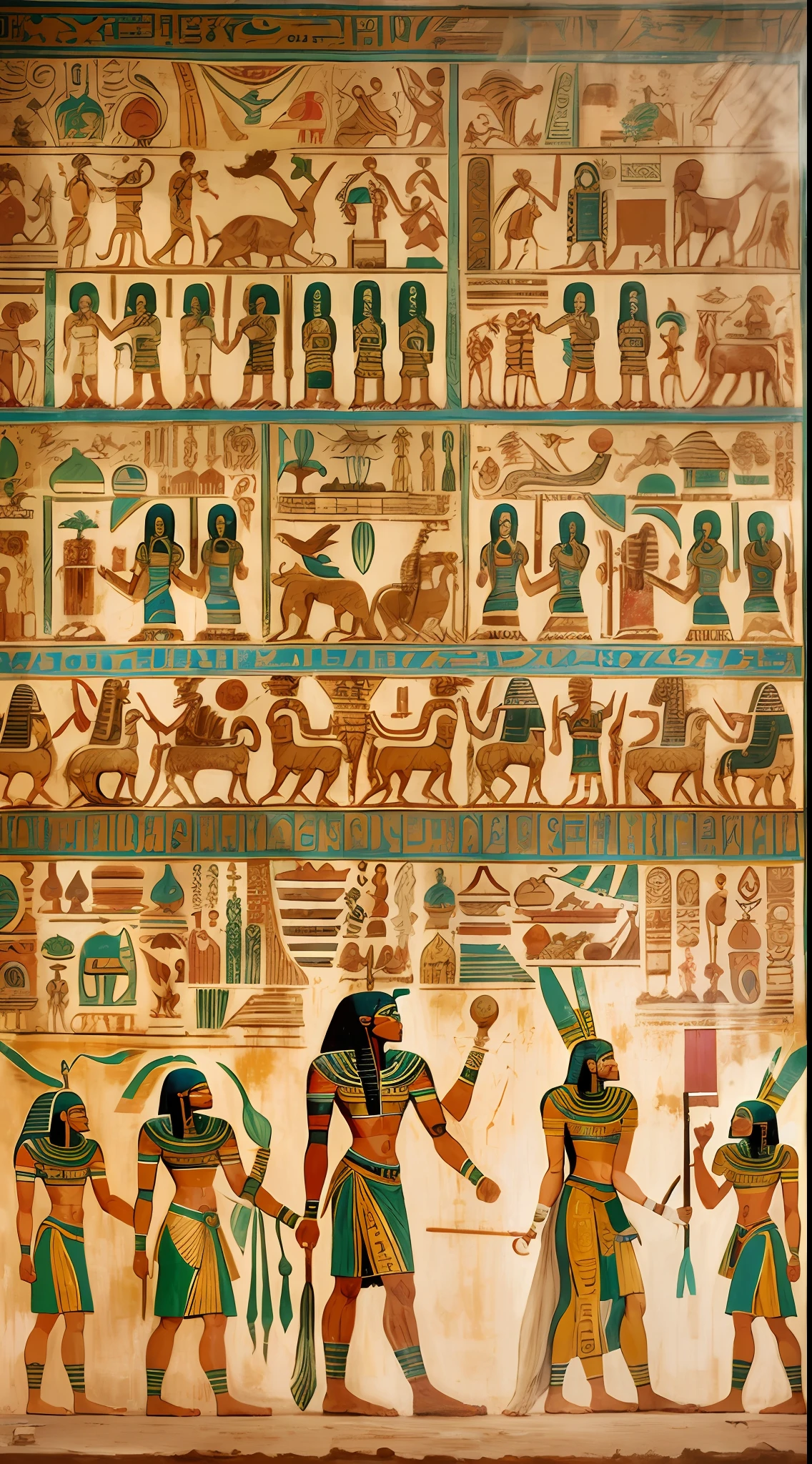a painting of egyptian hieroglyphics on walls,ancient egypt painting, ancient egypt art, hieroglyphs on wall,highly detailed