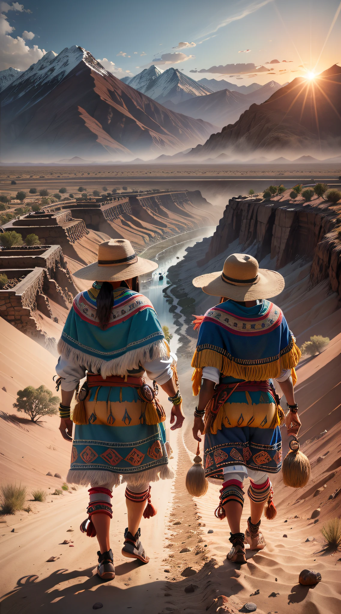 Group of Inca aborigines in the desert walking towards the mountain at sunset the sun is setting, realistic, high intricate details, colorful clothing, full bodies, 16k