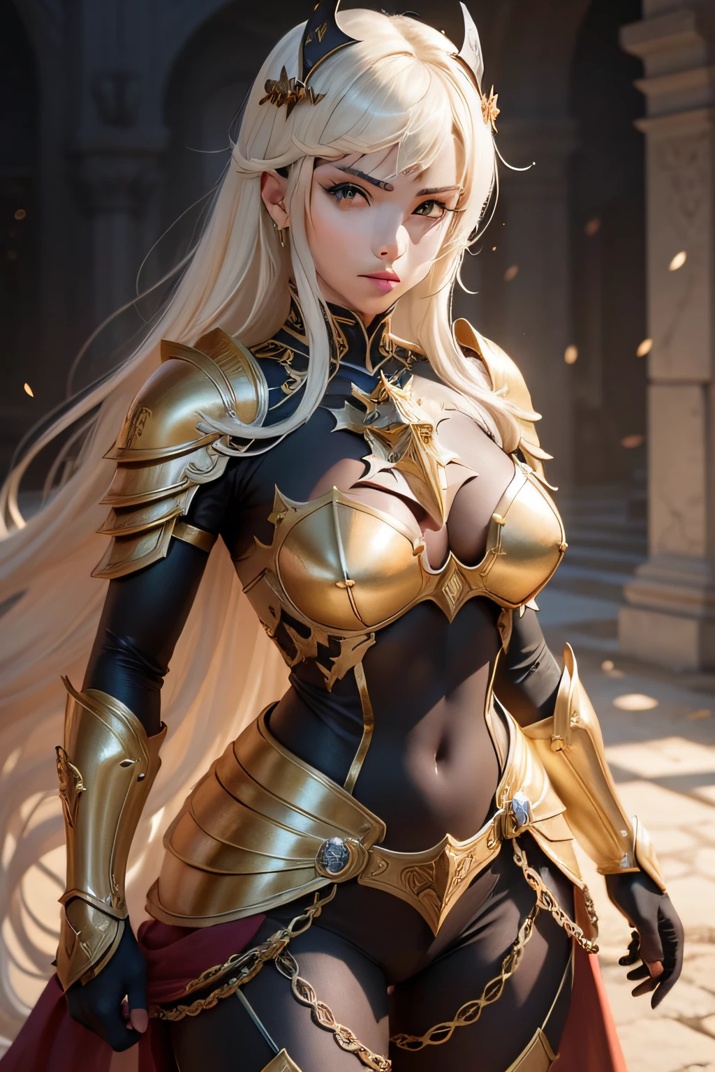 mulher cavaleiro dourado, inspired by the Knights of the Zodiac. olhos cor de mel, His armor represents the scorpion's stinger