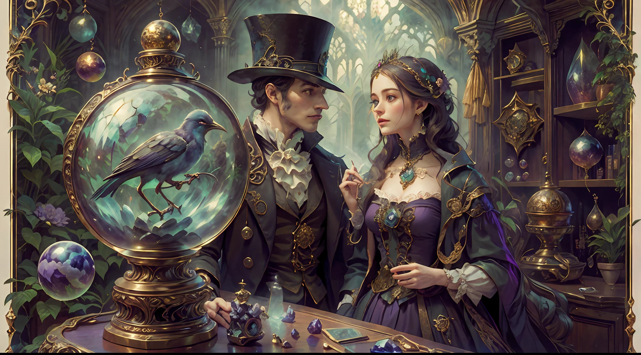 a young, A handsome and beautiful aristocratic couple runs a magic shop in the Age of Steam Magic,head looking up,florals,The bird,A plant,crystal sphere,magic item,victorian aristocrat,purple flower,ultra-realistic realism