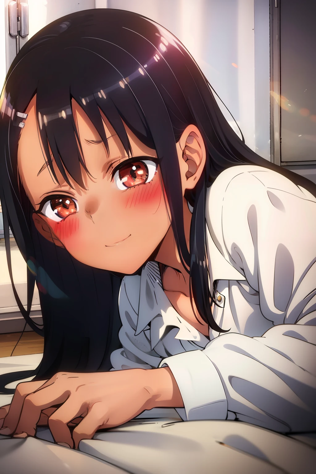 masterpiece, best quality, detailed, 1girl, nagatoro,  black hair, blush, cute eyes, cute, lying, on bed, from side