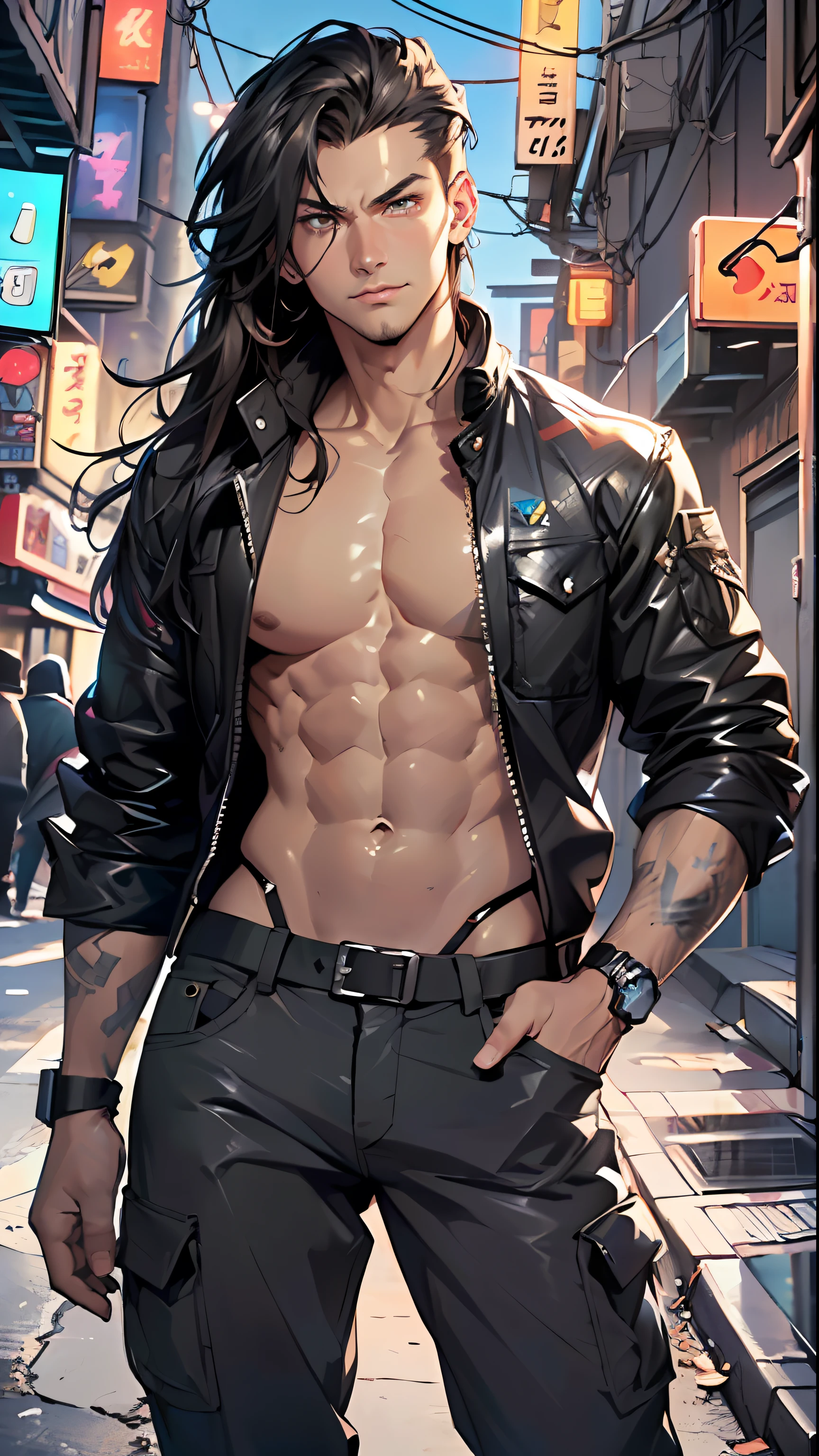 tracker man,(((1man))),((anime man with long hair walking down the street)),
(((1male,man,handsome man,male,male gender,male focus))),
((long black hair,detailed hair,highly detailed hair,black hair,dyed interior hair,colored inner hair,very short beard)),(((lustrous skin:1.5,tanned skin,bright skin: 1.5,skin tanned,shiny skin,very shiny skin,shiny body))),((detailed eyes,perfect eyes,rainbow glows ultra-detailed orange brown eyes:1.1,gradient eyes:1,finely detailed beautiful eyes:1,symmetrical eyes:1,big highlight on eyes:1.2)),man chest,handsome face,((muscular)),((hand consists of a short thumb and four fingers,a hand with only five fingers,reference to the hand)),
alluring look,nsfw,
(((bare chest))),green pants,((bulge in pants)),((tracker outfit)),(wearing a tracker outfit:1.3,tracker clothes),(detailed outfit,detailed clothes),
(dynamic pose:1.0),solo focus,((evil smile,evil look)),centered,scale to fit dimensions,Rule of thirds,
outdoors, ((night view)), (cyberpunk night street Background: 1.5,dark sky,alleyway,lonely alley,thick clouds, detailed background:1.25),
(best quality), (high resolution), (sharp focus), (ultra detailed), (extremely detailed), (extremely high quality artwork), 8k_wallpaper, (extremely detailed CG 8k),(very fine 8K CG), ((hyper super ultra detailed perfect piece)), flawless, (((masterpiece))), illustration, vibrant colors, (intricate), High contrast, Selective lighting, Double exposure, HDR (High Dynamic Range), Post-processing, Background blur,
