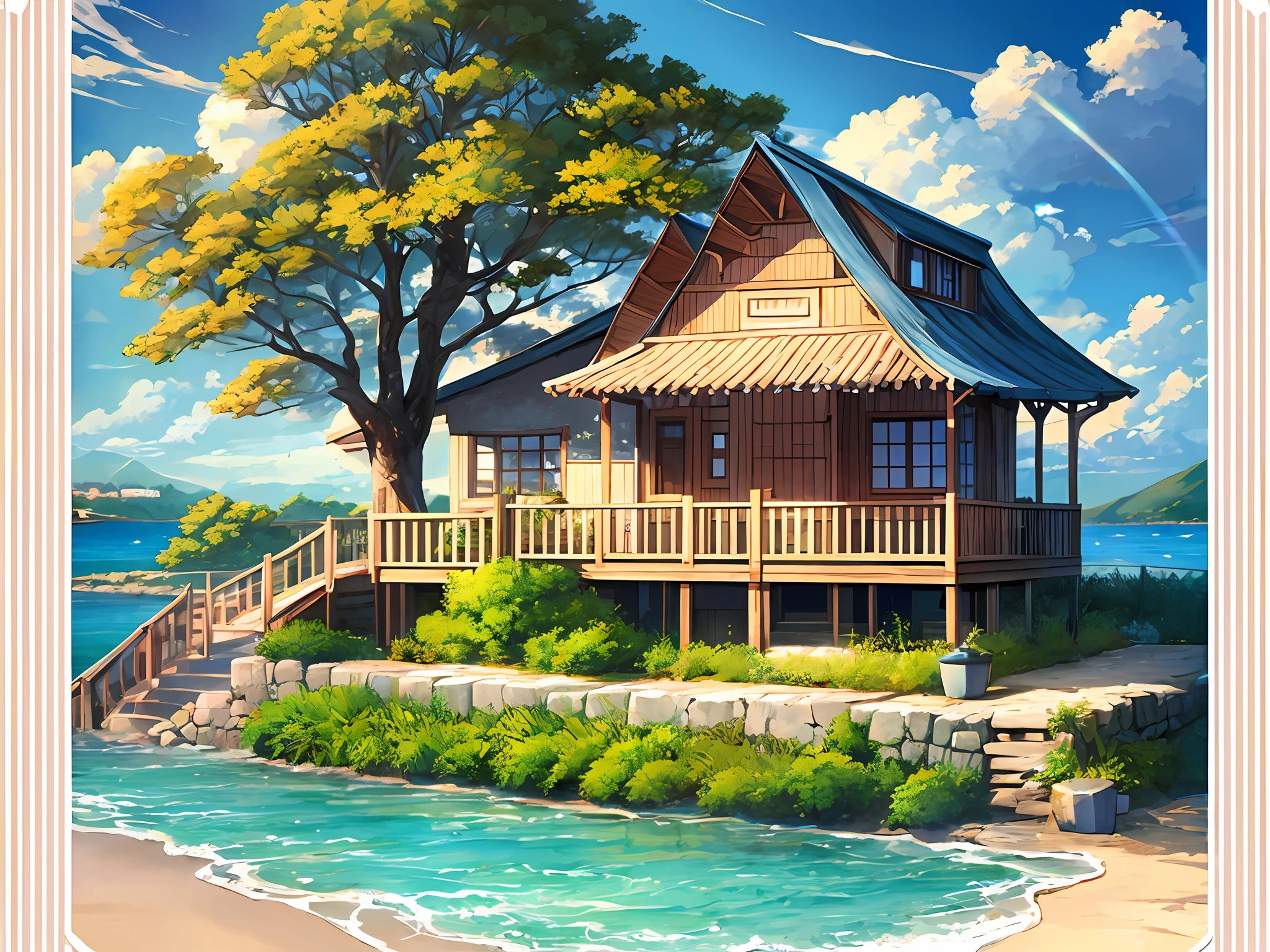 sea side cottage, clouds, tree near the cottage, cozy scene, anime --auto --s2
