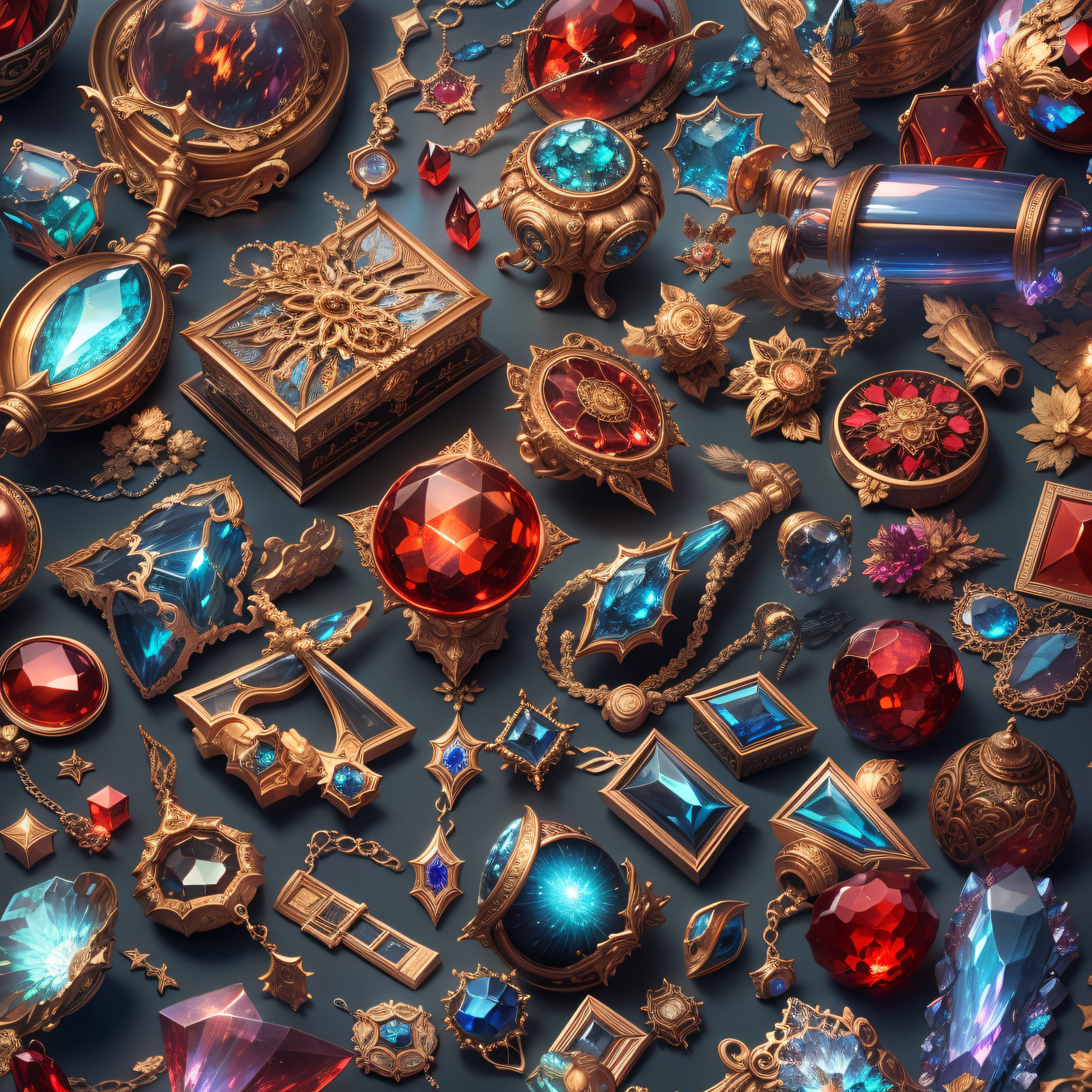Red and blue color scheme,(Full Focus),Antiques in display cases,Jewelry in display case,Crystal gemstones in display case,Gold and silver products,magic item,magic aura,High-tech luxury, High-value jewelry,,High-value metals,luxury goods,Puzzles are prohibited, Detailed and complex background, glittery, reflective light, hyper HD, Award-Awarded, A high resolution, High detail, Chiaroscuro, Cinematic lighting, Masterpiece, Ray traching,structurally correct, Super detail, High quality, High details, Best quality, 16k