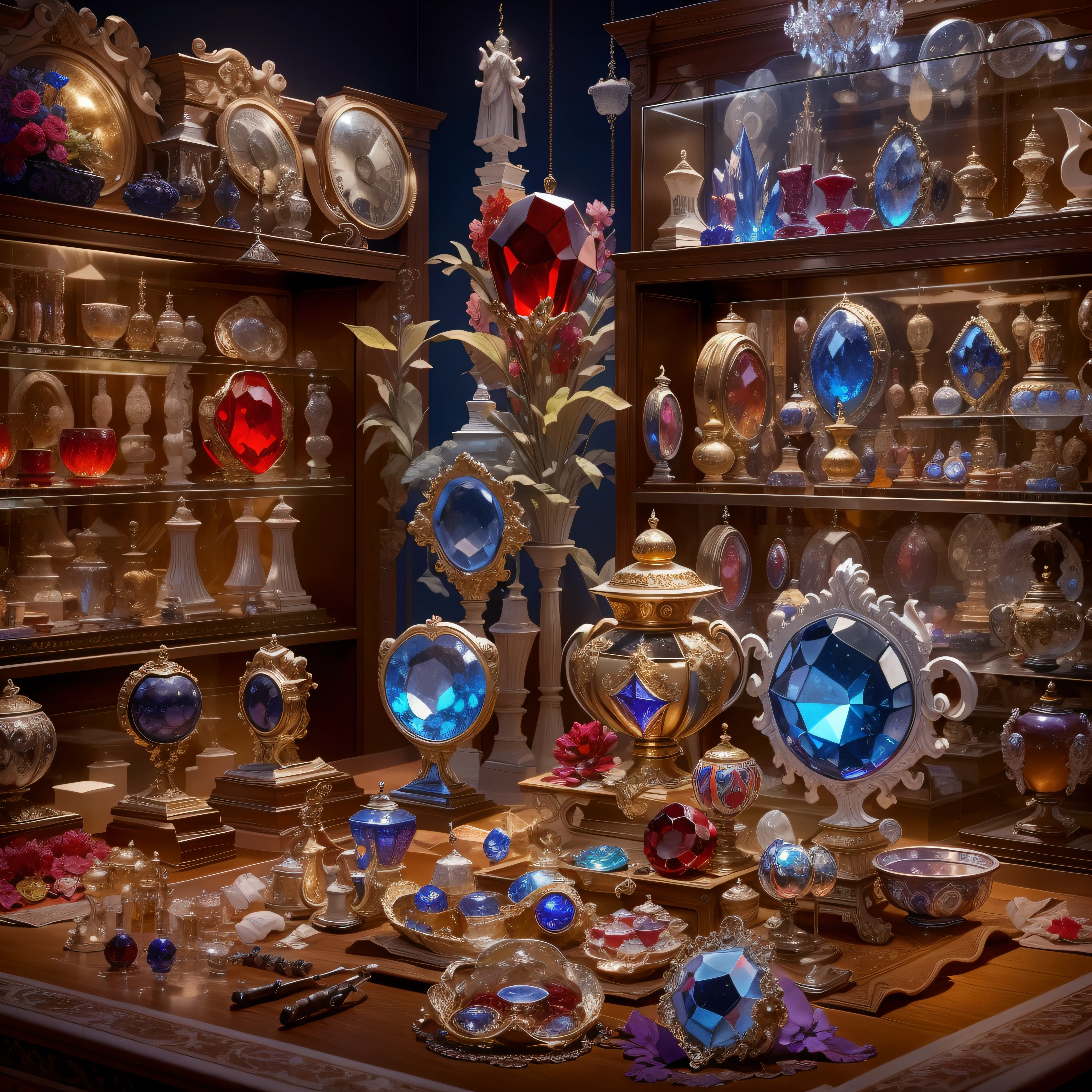 Red and blue color scheme，（Full Focus）,Antiques in display cases，Jewelry in display case，Crystal gemstones in display case,Gold and silver products,magic item，magic aura，High-tech luxury， High-value jewelry,，High-value metals，luxury goods，Puzzles are prohibited, Detailed and complex background, glittery, reflective light, hyper HD, Award-Awarded, A high resolution, High detail, Chiaroscuro, Cinematic lighting, Masterpiece, Ray traching，structurally correct, Super detail, High quality, High details, Best quality, 16k