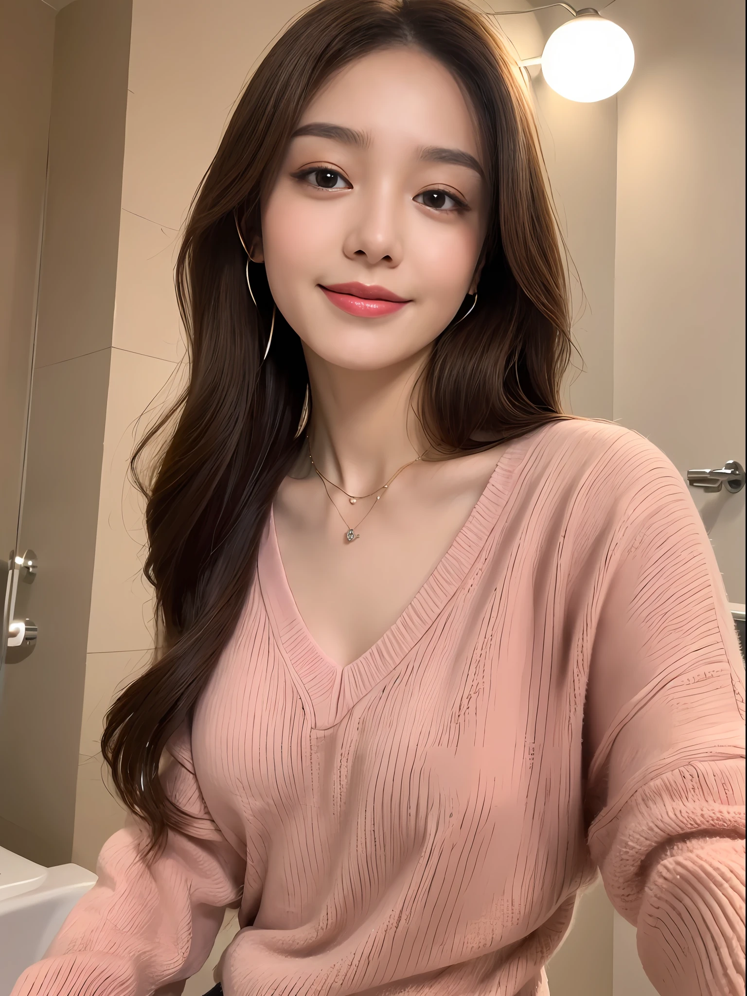 ((Night, Realistic Light, Best Quality, 8K, Masterpiece: 1.3)), 1girl, Slim Beauty: 1.4, Abs: 1.1, (Brown hair, Medium breasts: 1.3), Long pink sweater: 1.1, Bathroom, Super fine face, Delicate eyes, Double eyelids, smile, necklace