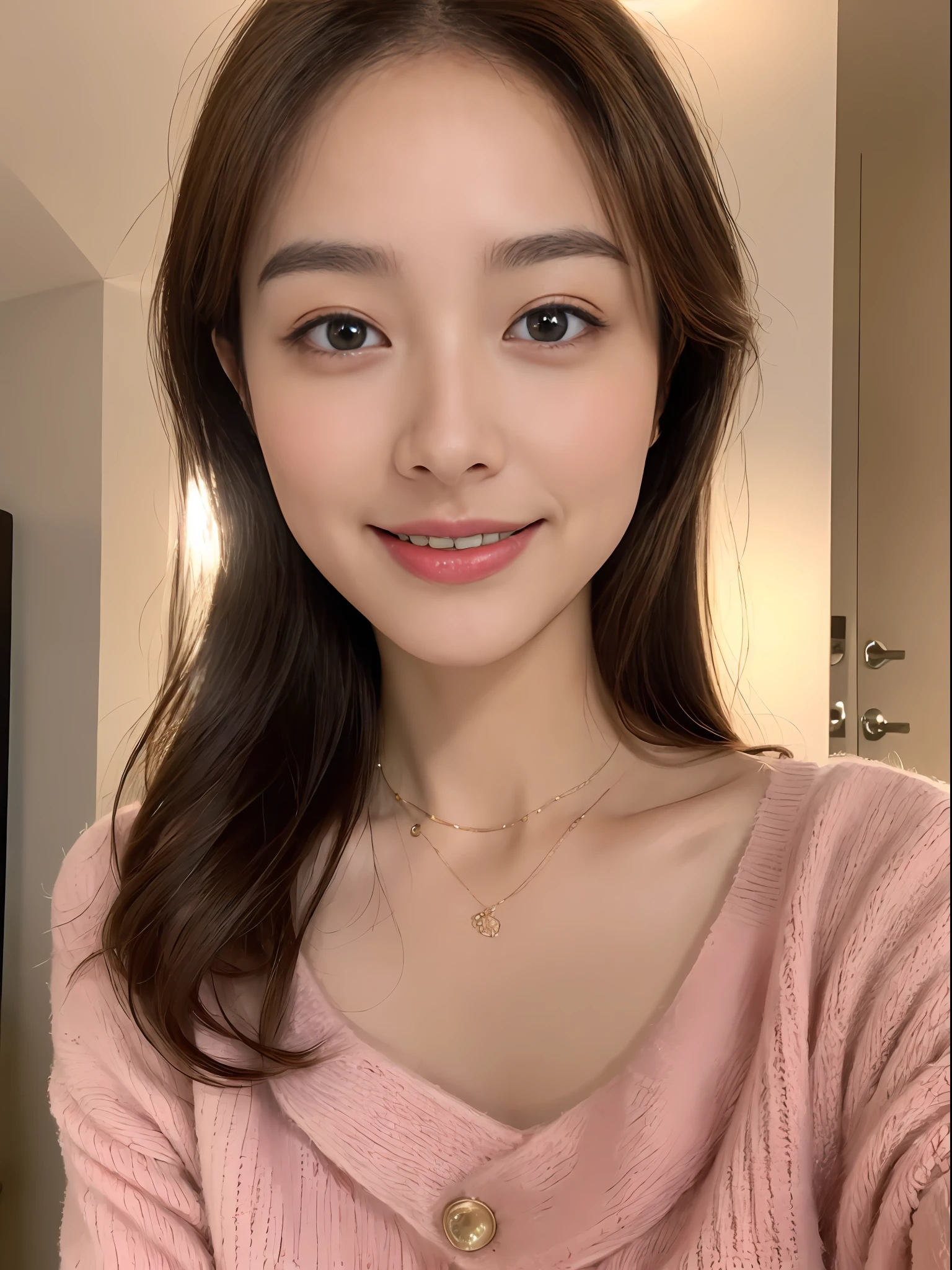 ((Night, Realistic Light, Best Quality, 8K, Masterpiece: 1.3)), 1girl, Slim Beauty: 1.4, Abs: 1.1, (Brown hair, Medium breasts: 1.3), Long pink sweater: 1.1, Bathroom, Super fine face, Delicate eyes, Double eyelids, smile, necklace
